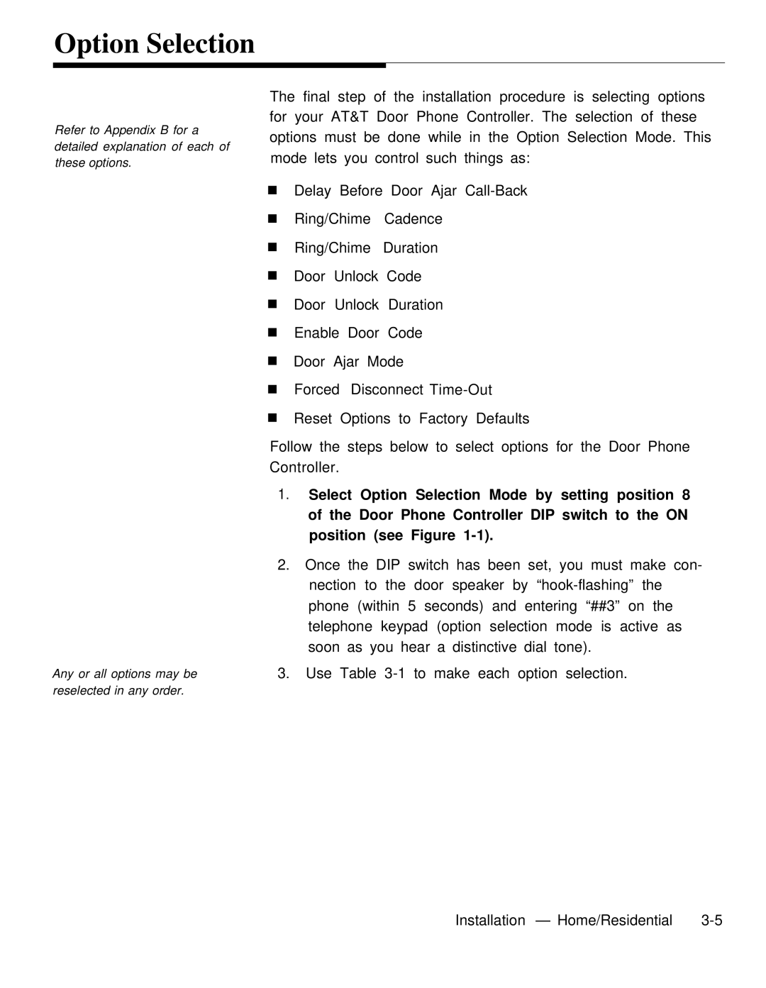 AT&T Door Phone Controller operation manual Option Selection 