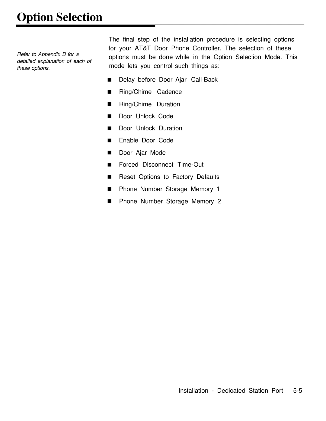 AT&T Door Phone Controller operation manual Option Selection 