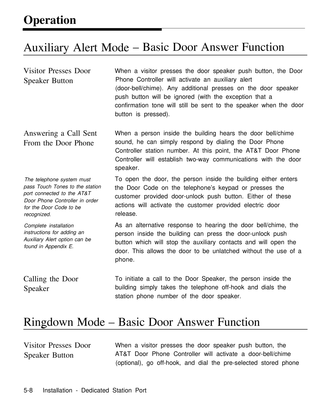 AT&T Door Phone Controller operation manual Operation, Auxiliary Alert Mode Basic Door Answer Function 