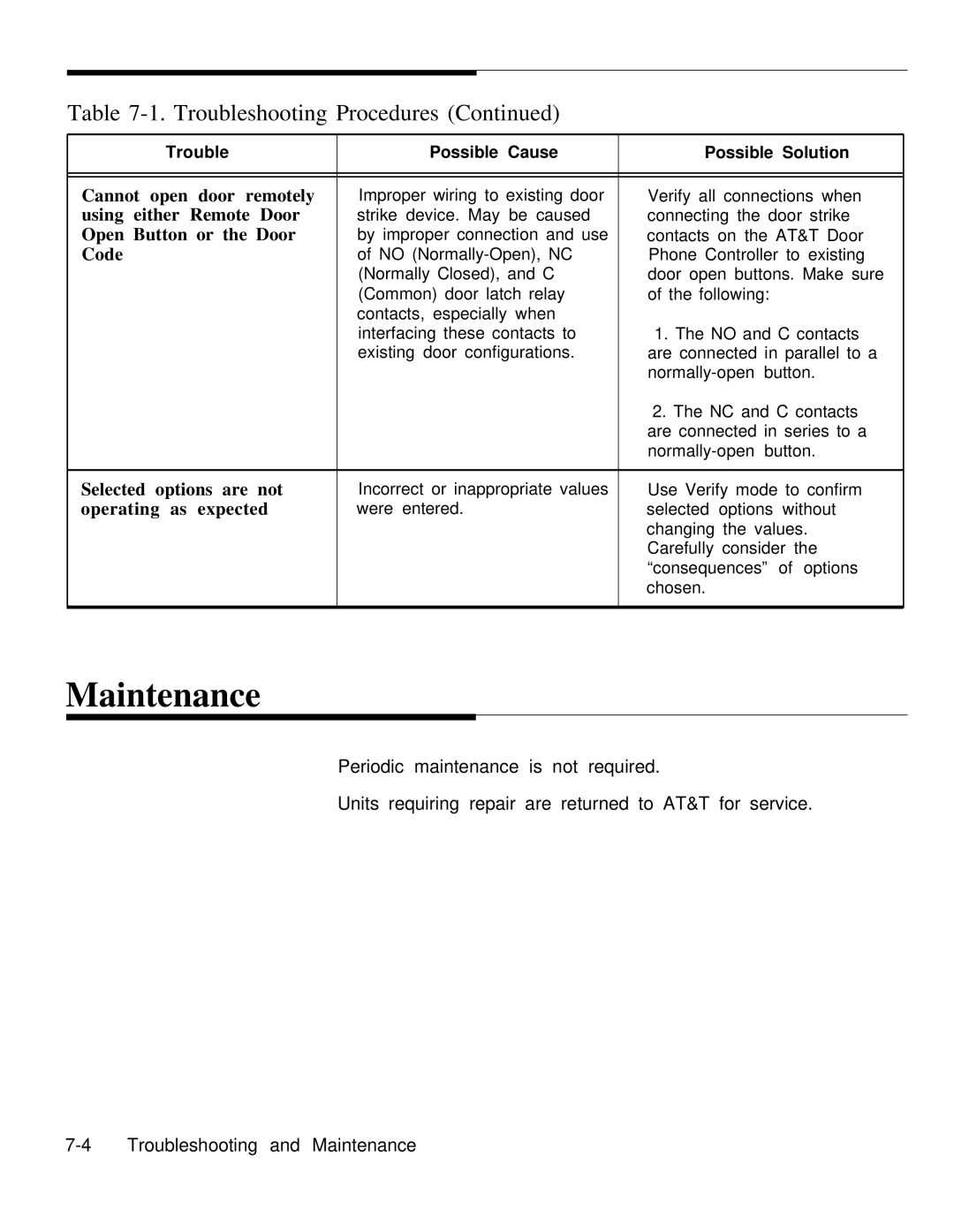 AT&T Door Phone Controller operation manual Maintenance, Operating as Expected 