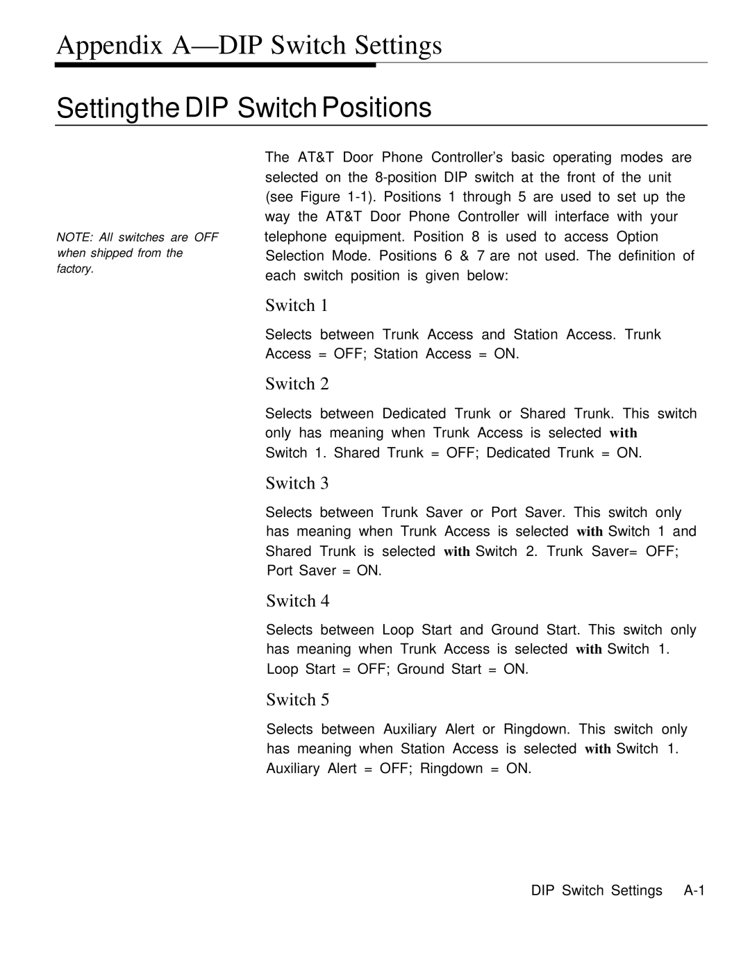 AT&T Door Phone Controller operation manual Appendix A-DIP Switch Settings, Setting the DIP Switch Positions 