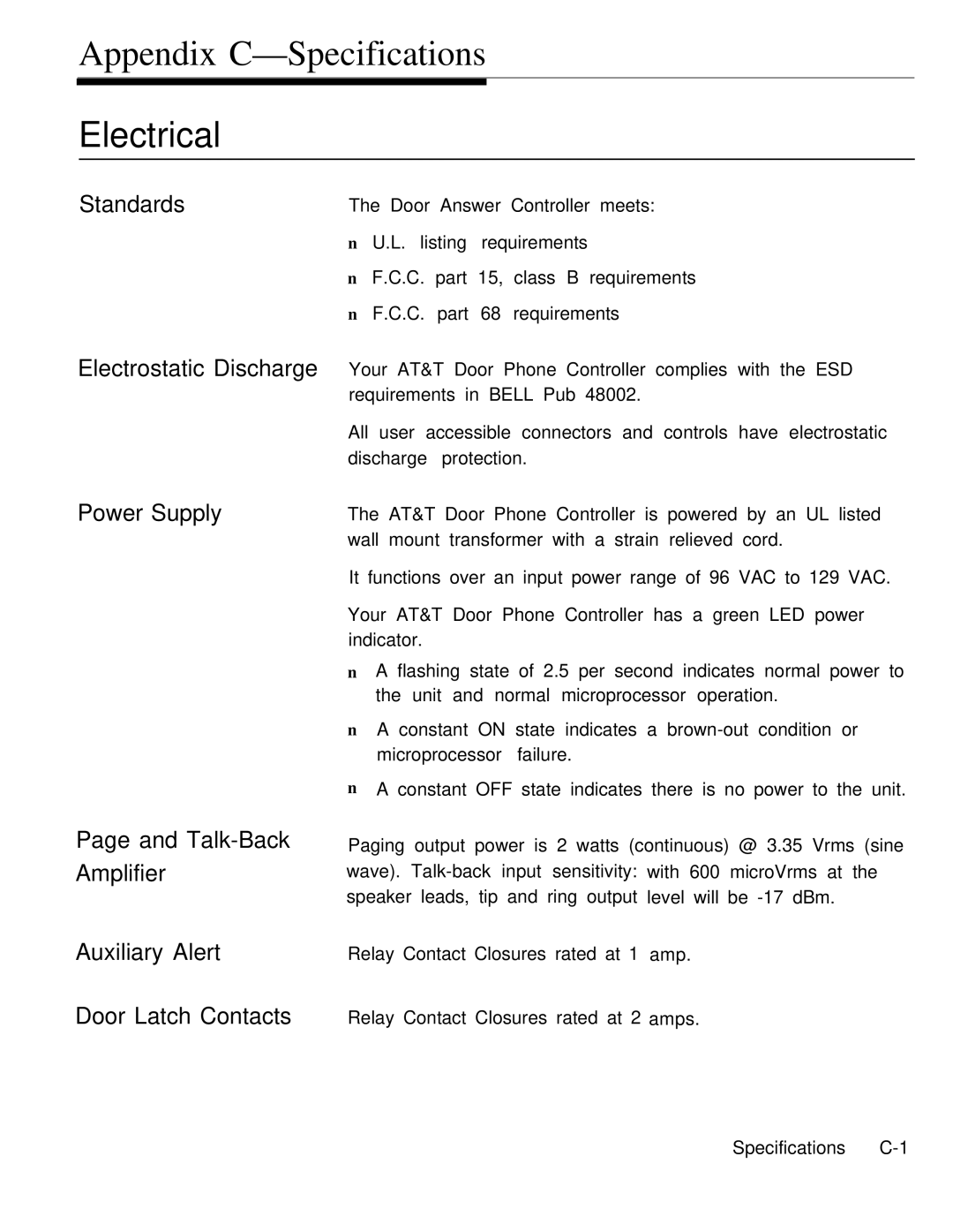 AT&T Door Phone Controller operation manual Appendix C-Specifications, Electrical 