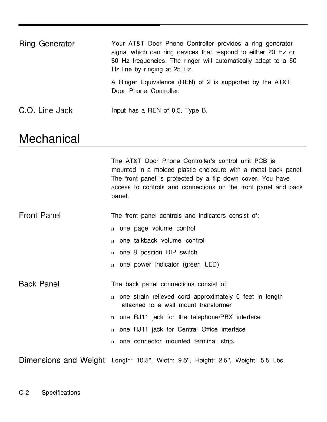 AT&T Door Phone Controller operation manual Mechanical, Ring Generator Line Jack 