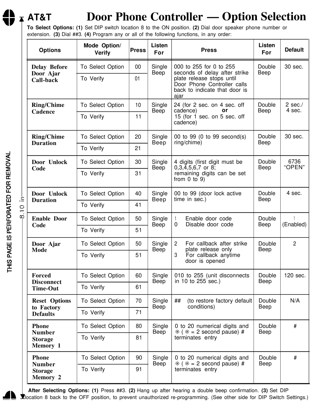 AT&T operation manual AT&T Door Phone Controller Option Selection, Memory 