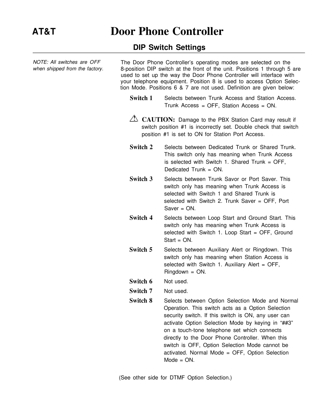 AT&T Door Phone Controller operation manual DIP Switch Settings 