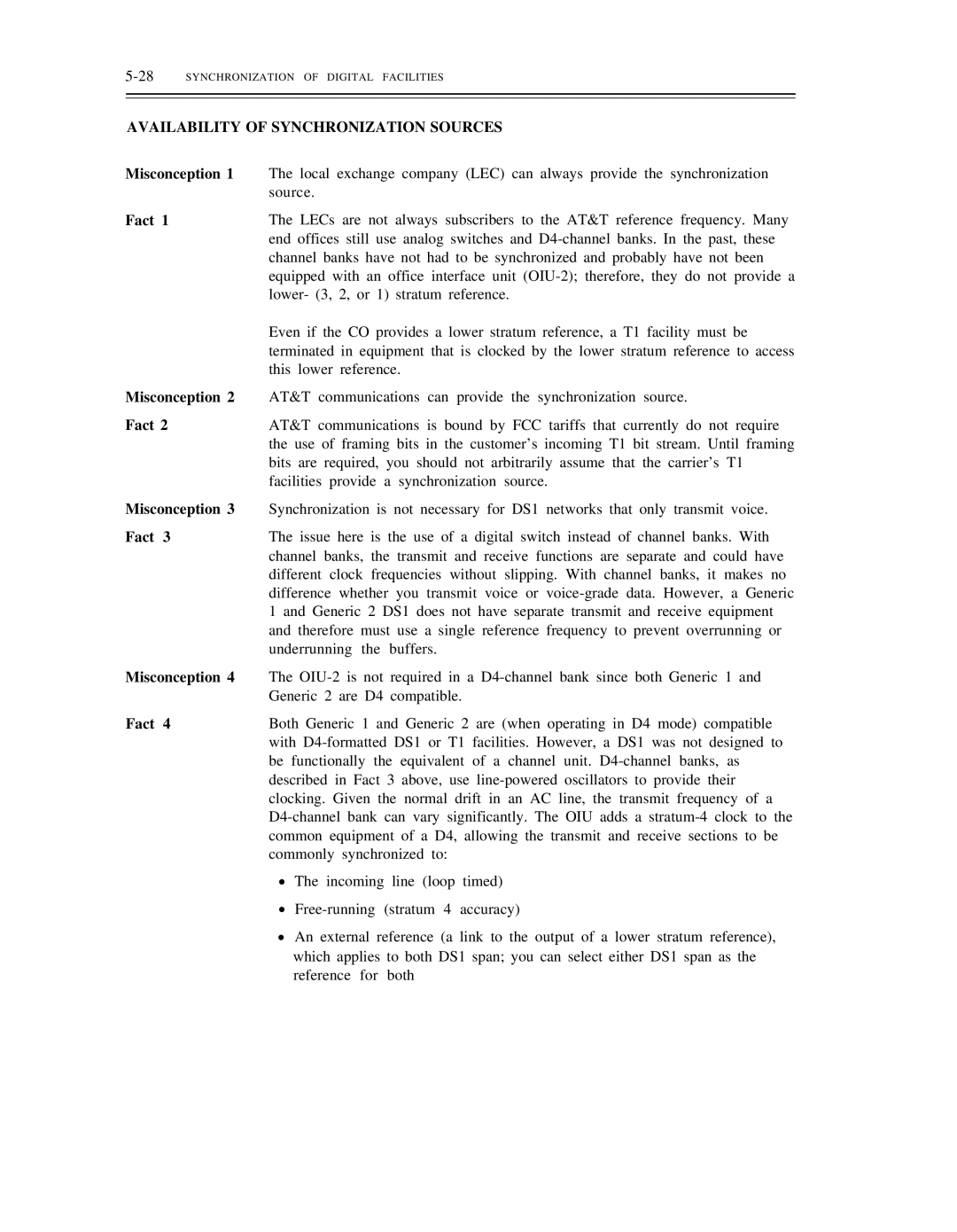 AT&T DS1/DMi/ISDN-PRI manual Availability of Synchronization Sources, Misconception, Fact 