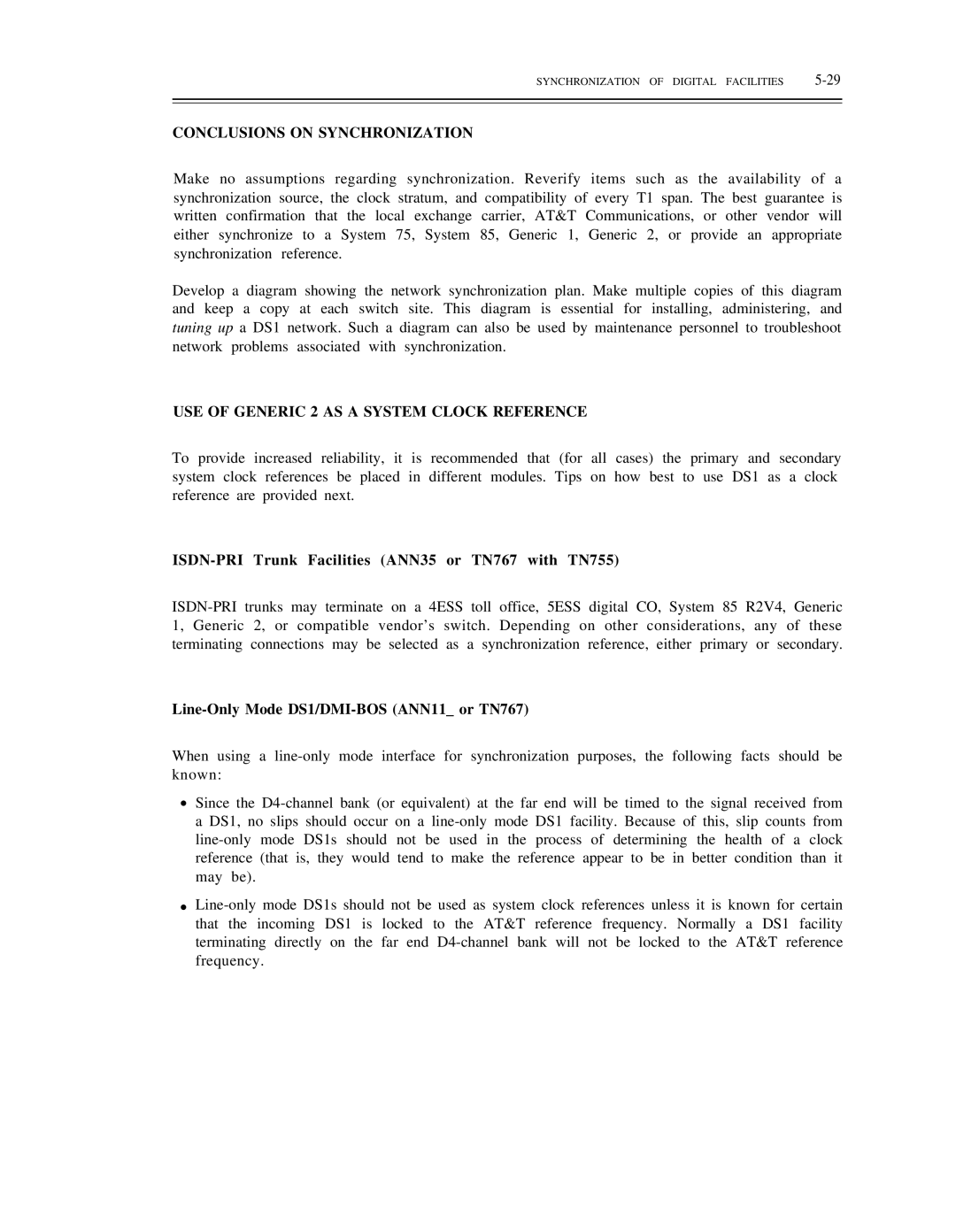 AT&T DS1/DMi/ISDN-PRI manual Conclusions on Synchronization, USE of Generic 2 AS a System Clock Reference 