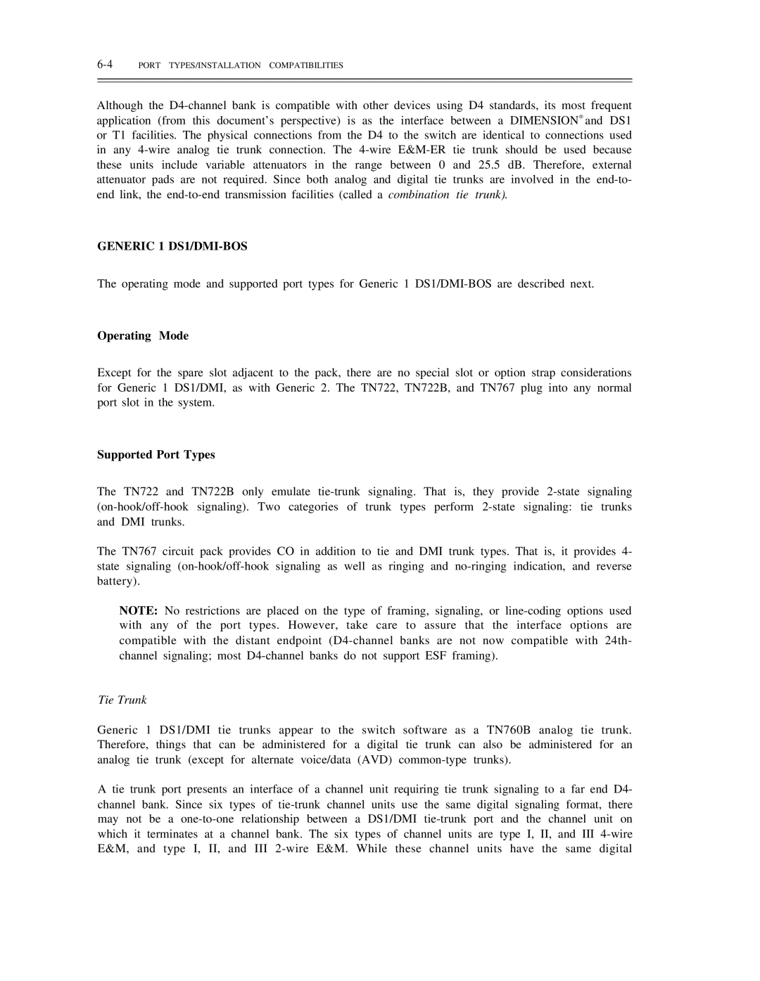 AT&T DS1/DMi/ISDN-PRI manual Generic 1 DS1/DMI-BOS, Operating Mode, Supported Port Types, Tie Trunk 