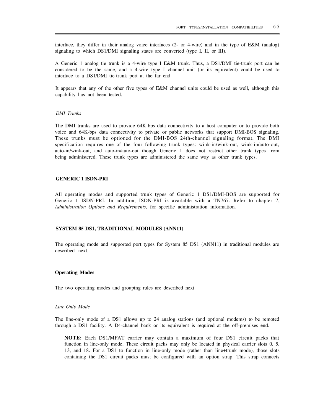 AT&T DS1/DMi/ISDN-PRI manual DMI Trunks, Generic 1 ISDN-PRI, System 85 DS1, Traditional Modules ANN11, Operating Modes 