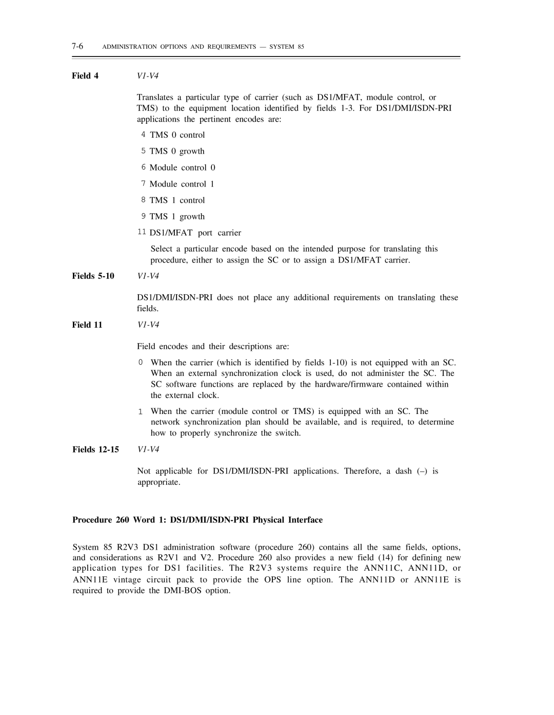 AT&T DS1/DMi/ISDN-PRI manual Procedure 260 Word 1 DS1/DMI/ISDN-PRI Physical Interface 