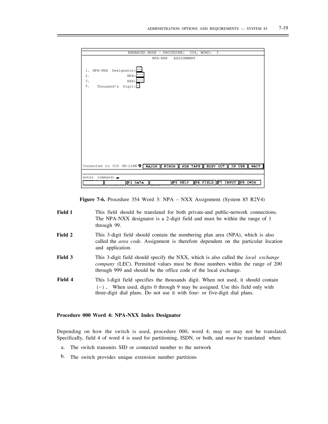 AT&T DS1/DMi/ISDN-PRI Procedure 000 Word 4 NPA-NXX Index Designator, Enhanced Mode Procedure 354, Word NPA-NXX Assignment 