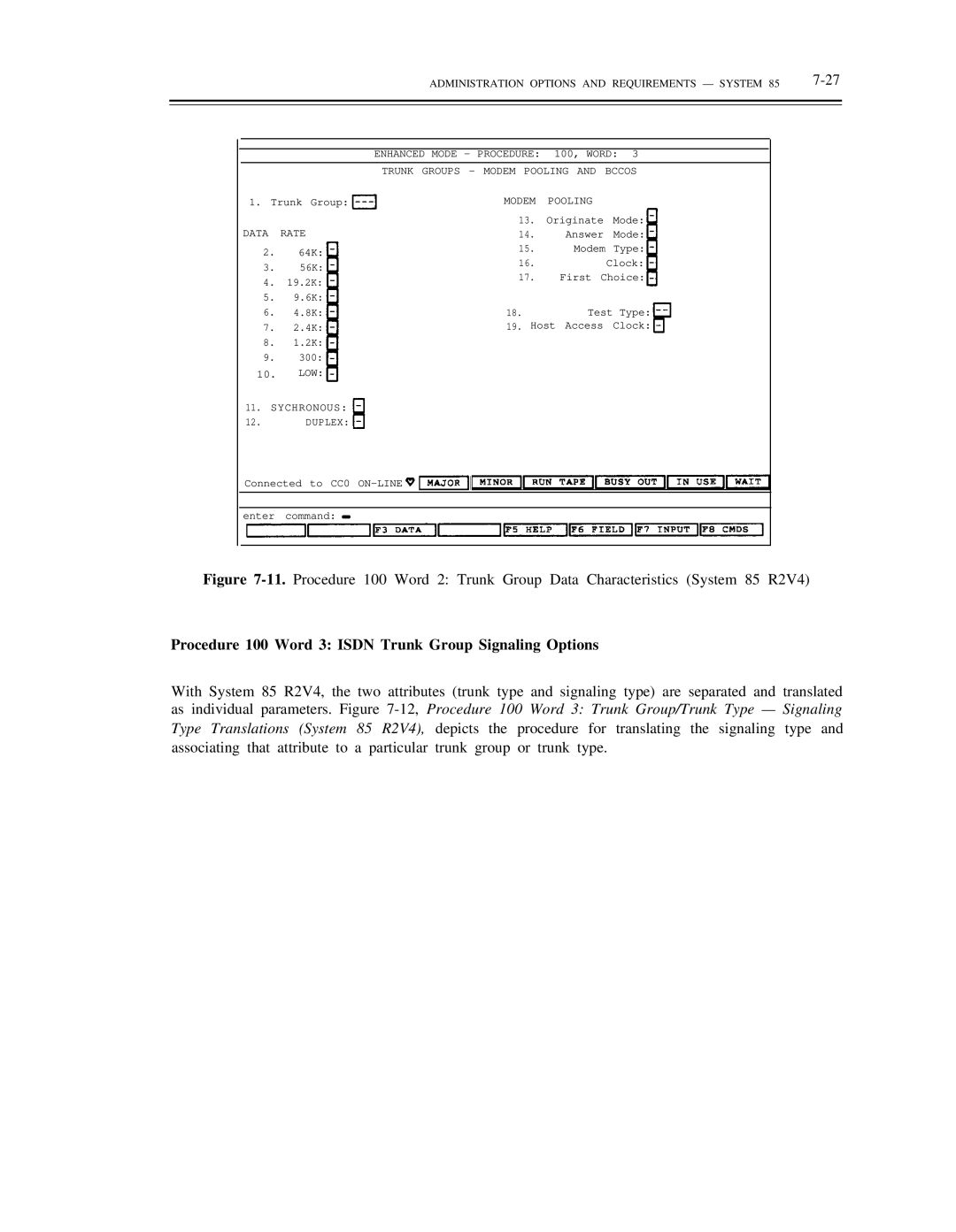 AT&T DS1/DMi/ISDN-PRI Procedure 100 Word 3 Isdn Trunk Group Signaling Options, Modem Pooling, Data Rate, Sychronous Duplex 