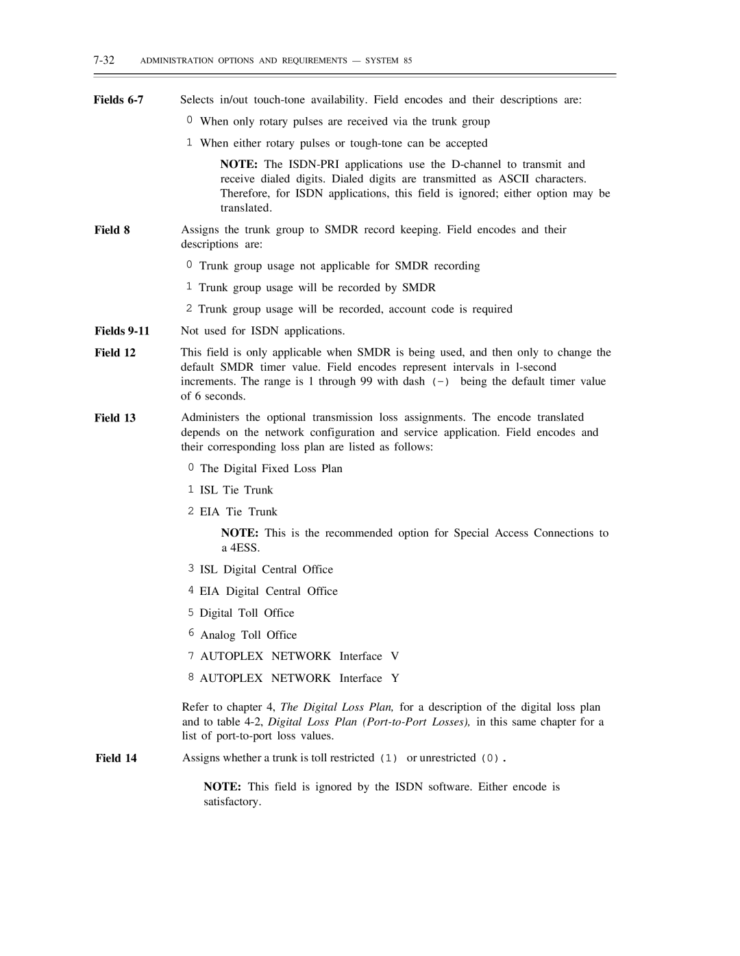 AT&T DS1/DMi/ISDN-PRI manual Fields Fields 9-11 Field, 32ADMINISTRATION Options and Requirements System 