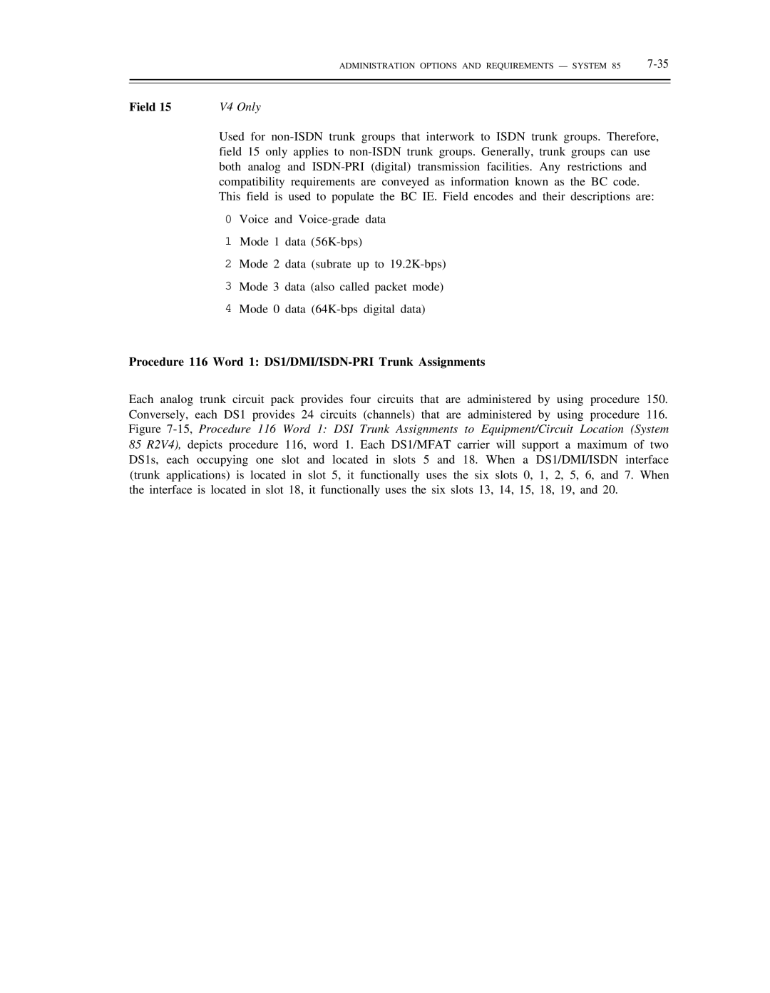 AT&T DS1/DMi/ISDN-PRI manual Procedure 116 Word 1 DS1/DMI/ISDN-PRI Trunk Assignments 