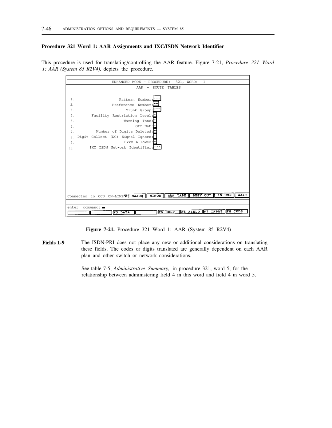 AT&T DS1/DMi/ISDN-PRI manual AAR System 85 R2V4, depicts the procedure, 46ADMINISTRATION Options and Requirements System 