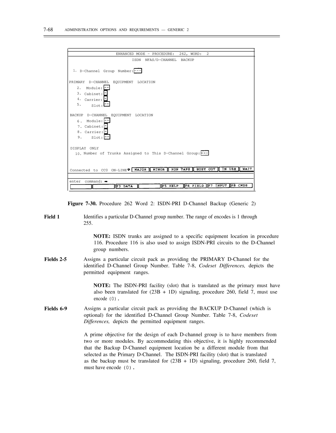 AT&T DS1/DMi/ISDN-PRI manual 68ADMINISTRATION Options and Requirements Generic, Primary D-CHANNEL Equipment Location 