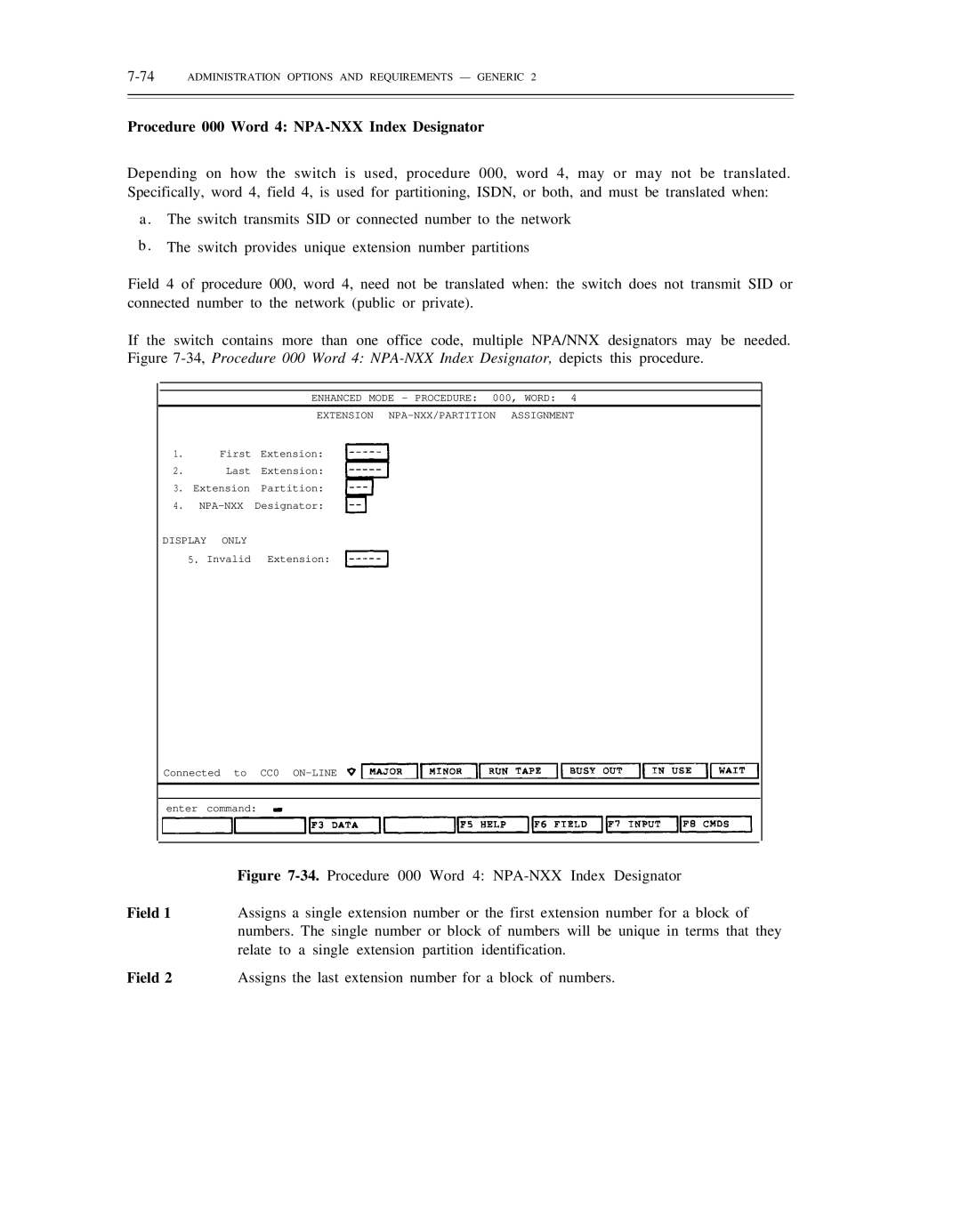 AT&T DS1/DMi/ISDN-PRI Procedure 000 Word 4 NPA-NXX Index Designator, 74ADMINISTRATION Options and Requirements Generic 