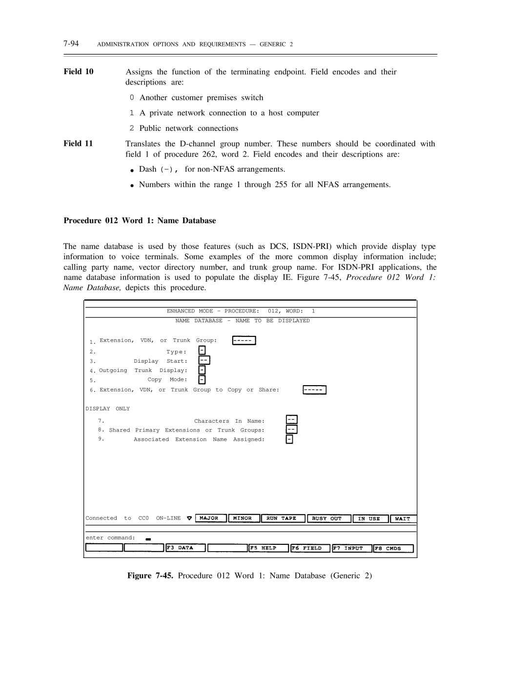 AT&T DS1/DMi/ISDN-PRI manual Procedure 012 Word 1 Name Database Generic, 94ADMINISTRATION Options and Requirements Generic 