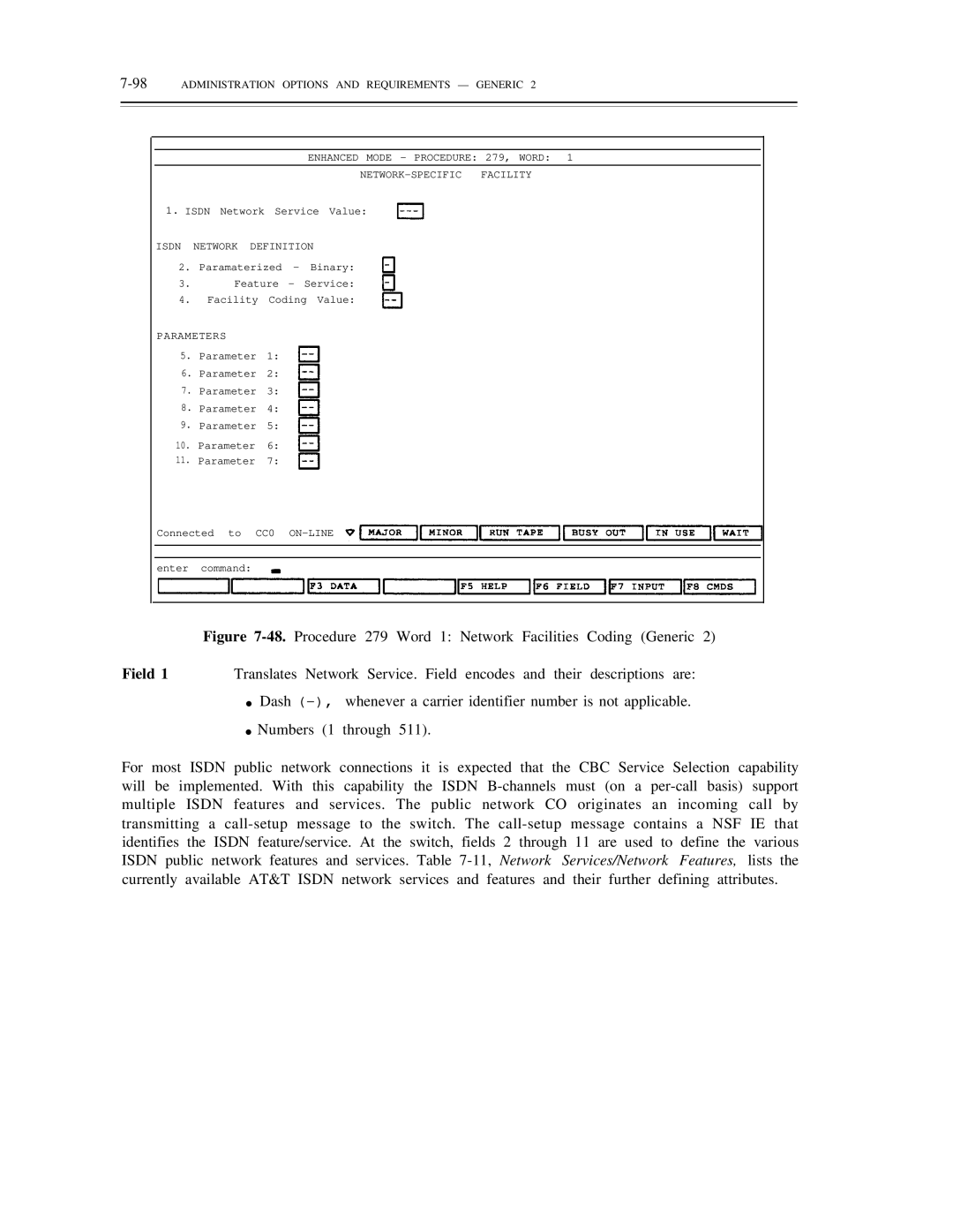 AT&T DS1/DMi/ISDN-PRI manual 98ADMINISTRATION Options and Requirements Generic, Isdn Network Definition, Parameters 