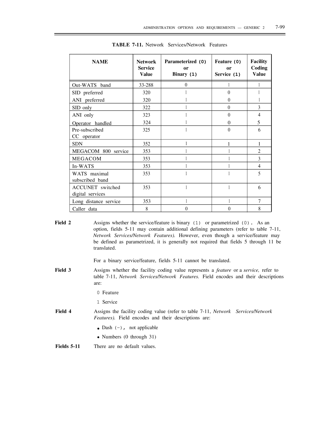 AT&T DS1/DMi/ISDN-PRI manual Name, Network Parameterized Feature Facility, Coding Value Binary 