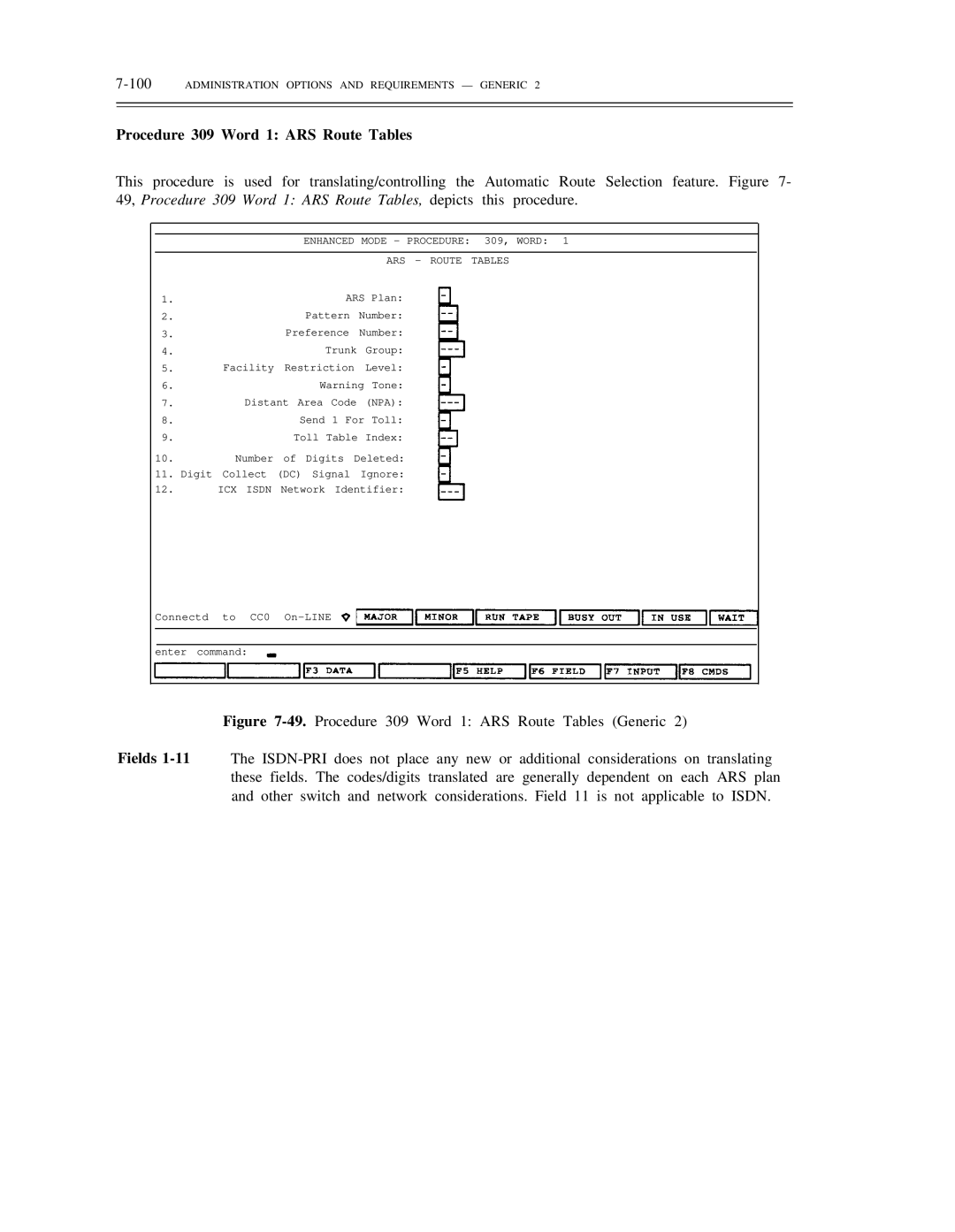 AT&T DS1/DMi/ISDN-PRI manual Procedure 309 Word 1 ARS Route Tables, 100ADMINISTRATION Options and Requirements Generic 