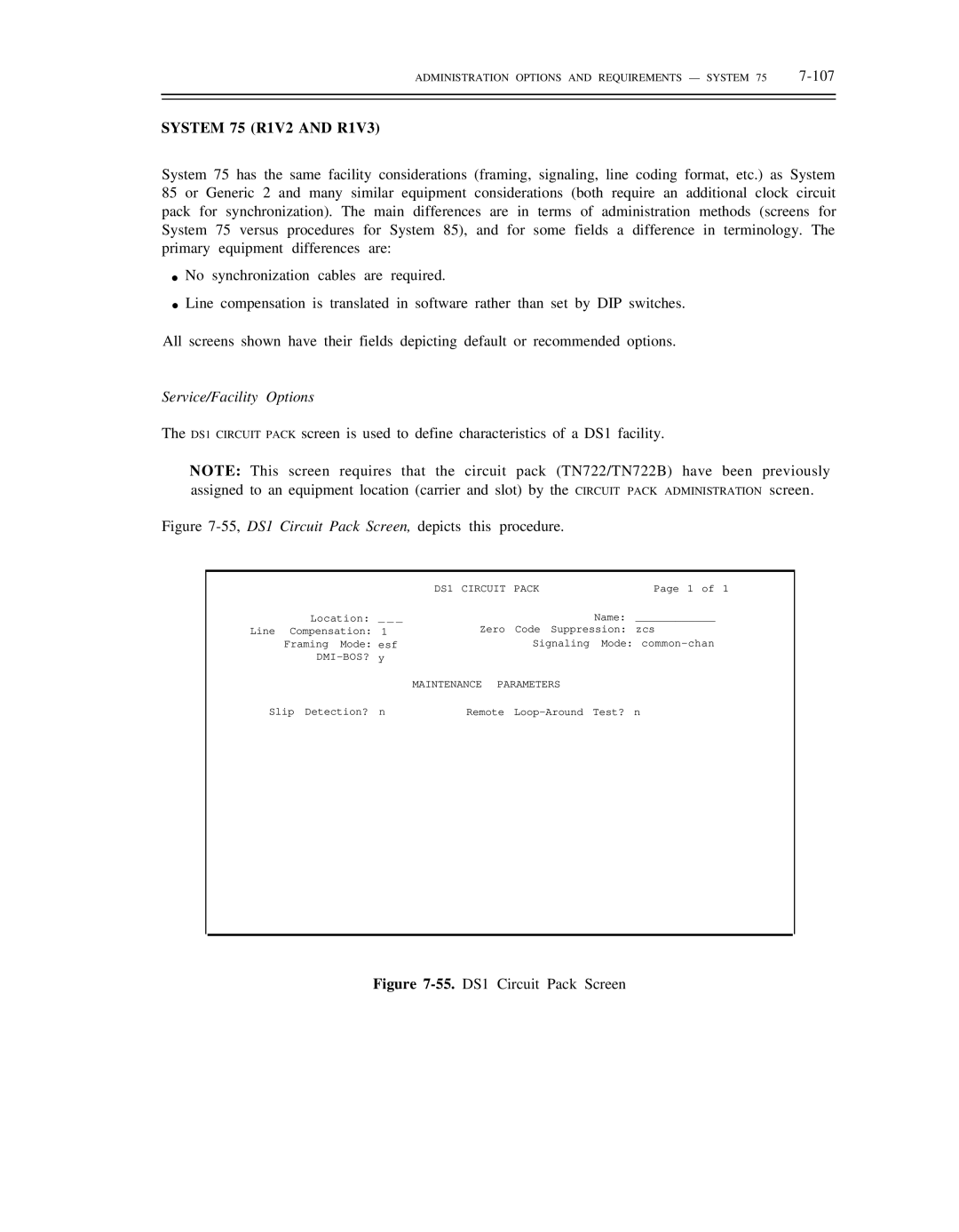 AT&T DS1/DMi/ISDN-PRI System 75 R1V2 and R1V3, Service/Facility Options, DS1 Circuit Pack, DMI-BOS? Maintenance Parameters 