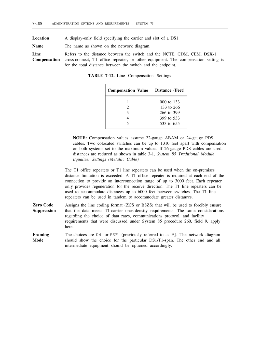 AT&T DS1/DMi/ISDN-PRI manual Compensation Value Distance Feet, 108ADMINISTRATION Options and Requirements System 