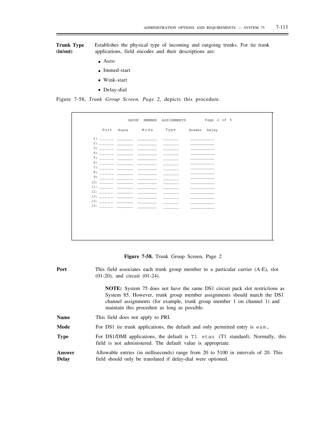 AT&T DS1/DMi/ISDN-PRI manual Port, Name, Mode, Answer, Delay 