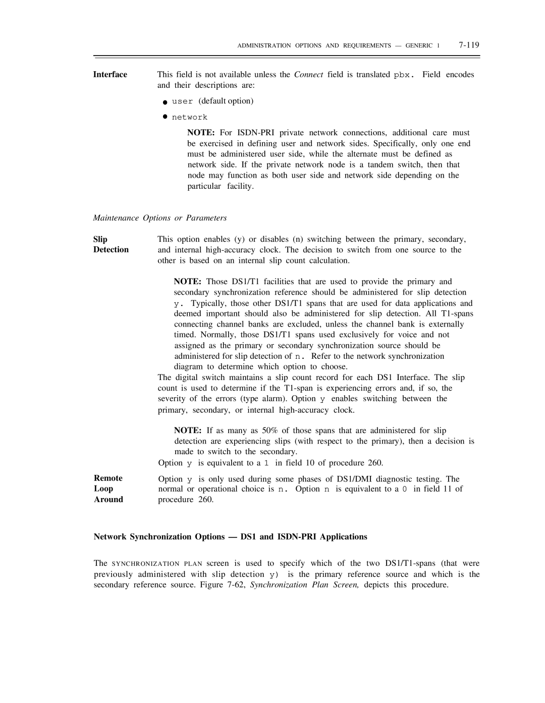 AT&T DS1/DMi/ISDN-PRI manual Interface, Maintenance Options or Parameters 