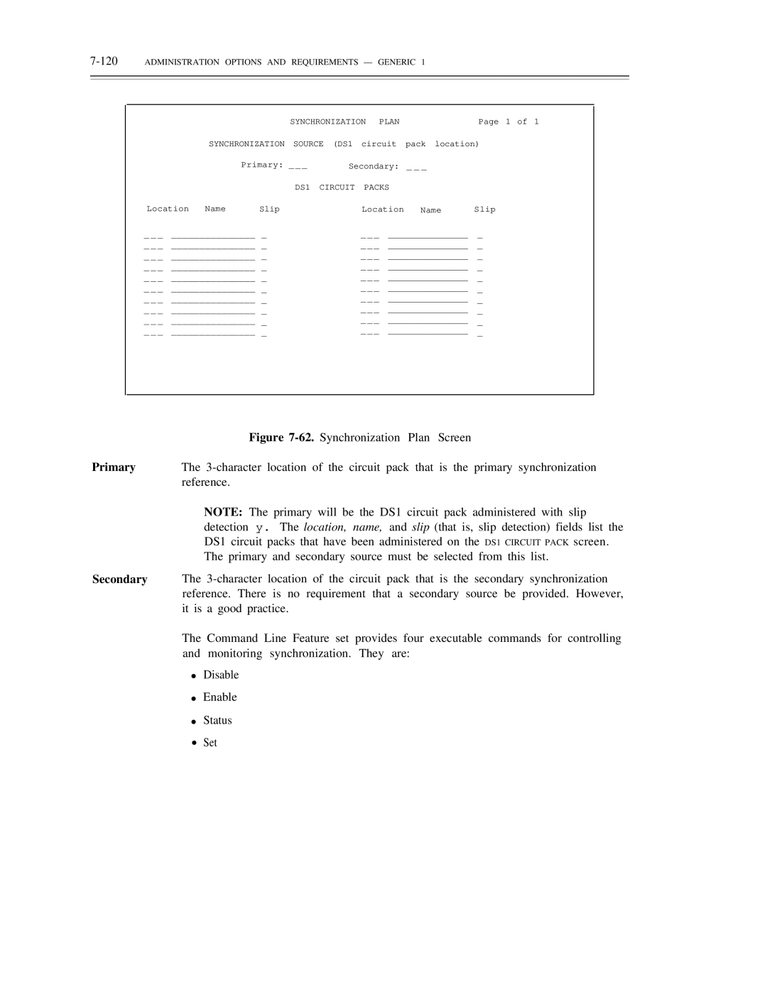 AT&T DS1/DMi/ISDN-PRI manual 120ADMINISTRATION Options and Requirements Generic, Synchronization Plan 