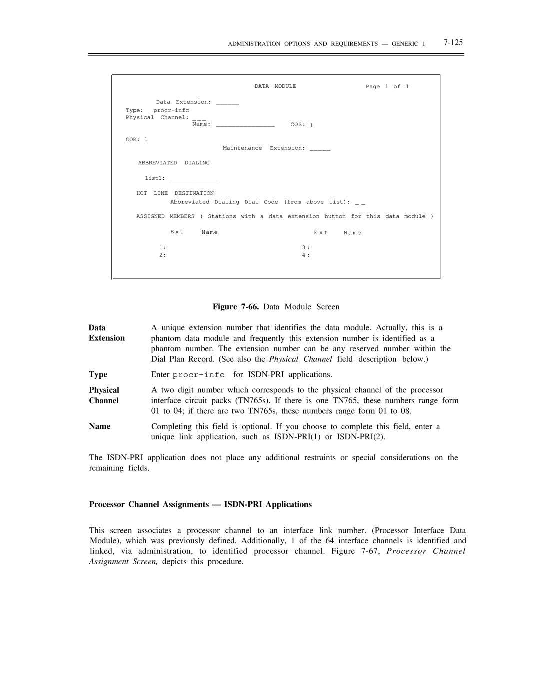 AT&T DS1/DMi/ISDN-PRI manual Data Extension, Physical, Processor Channel Assignments ISDN-PRI Applications 