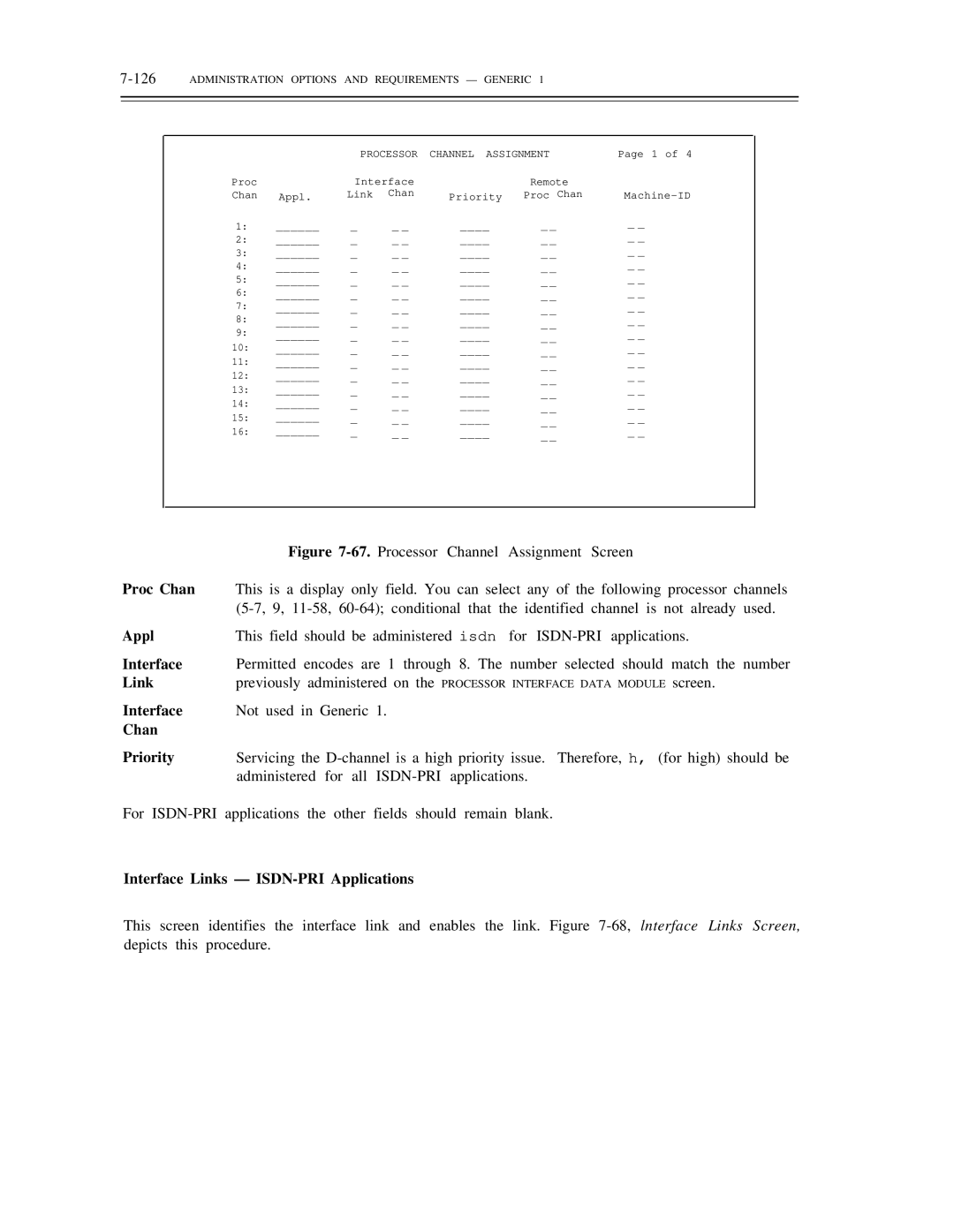 AT&T DS1/DMi/ISDN-PRI manual Proc Chan, Chan Priority, Interface Links ISDN-PRI Applications 