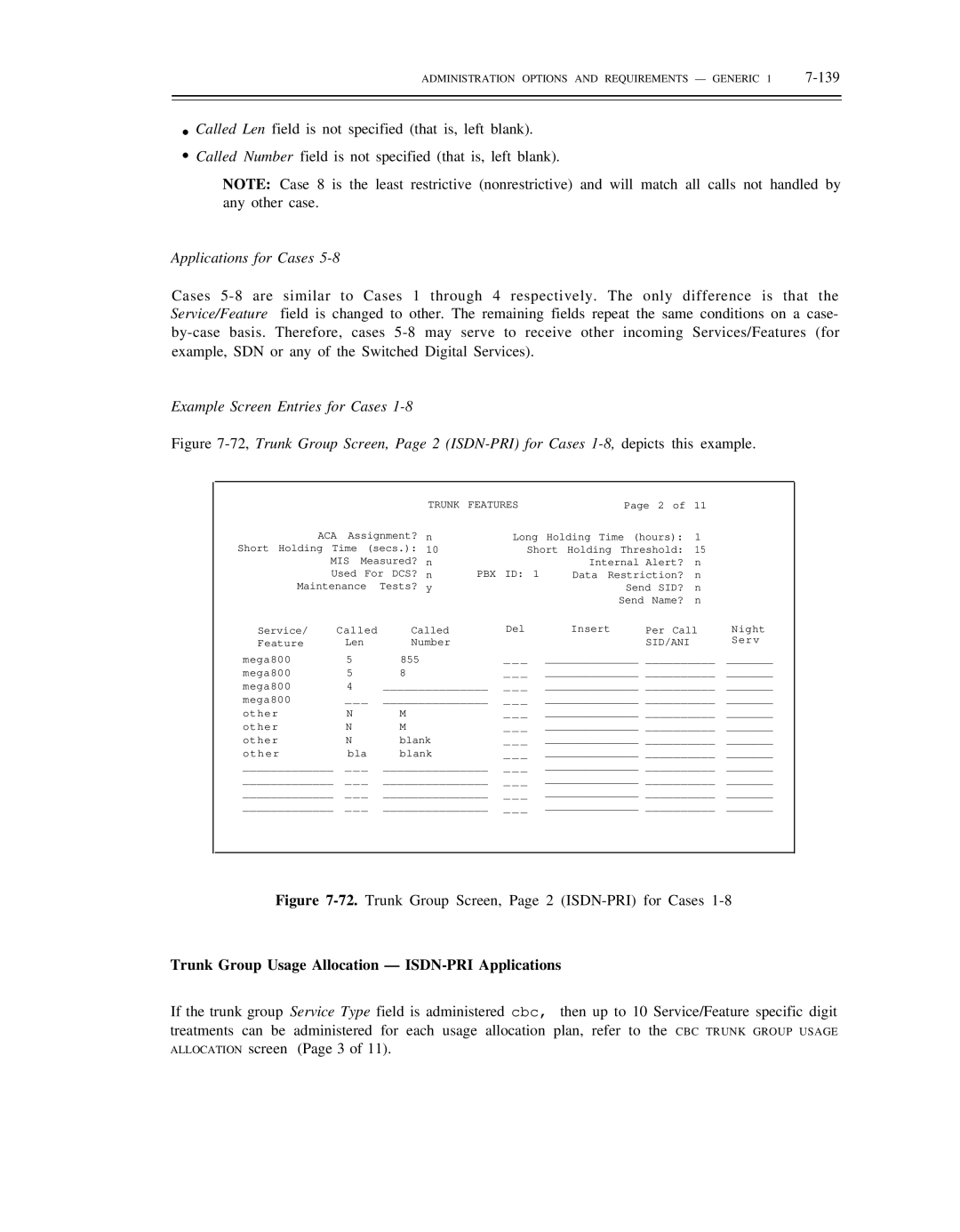 AT&T DS1/DMi/ISDN-PRI manual Applications for Cases, Example Screen Entries for Cases, Pbx 