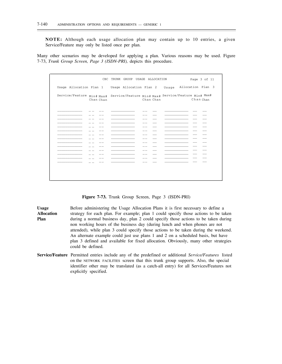 AT&T DS1/DMi/ISDN-PRI manual Usage, Allocation, Plan, 140ADMINISTRATION Options and Requirements Generic 