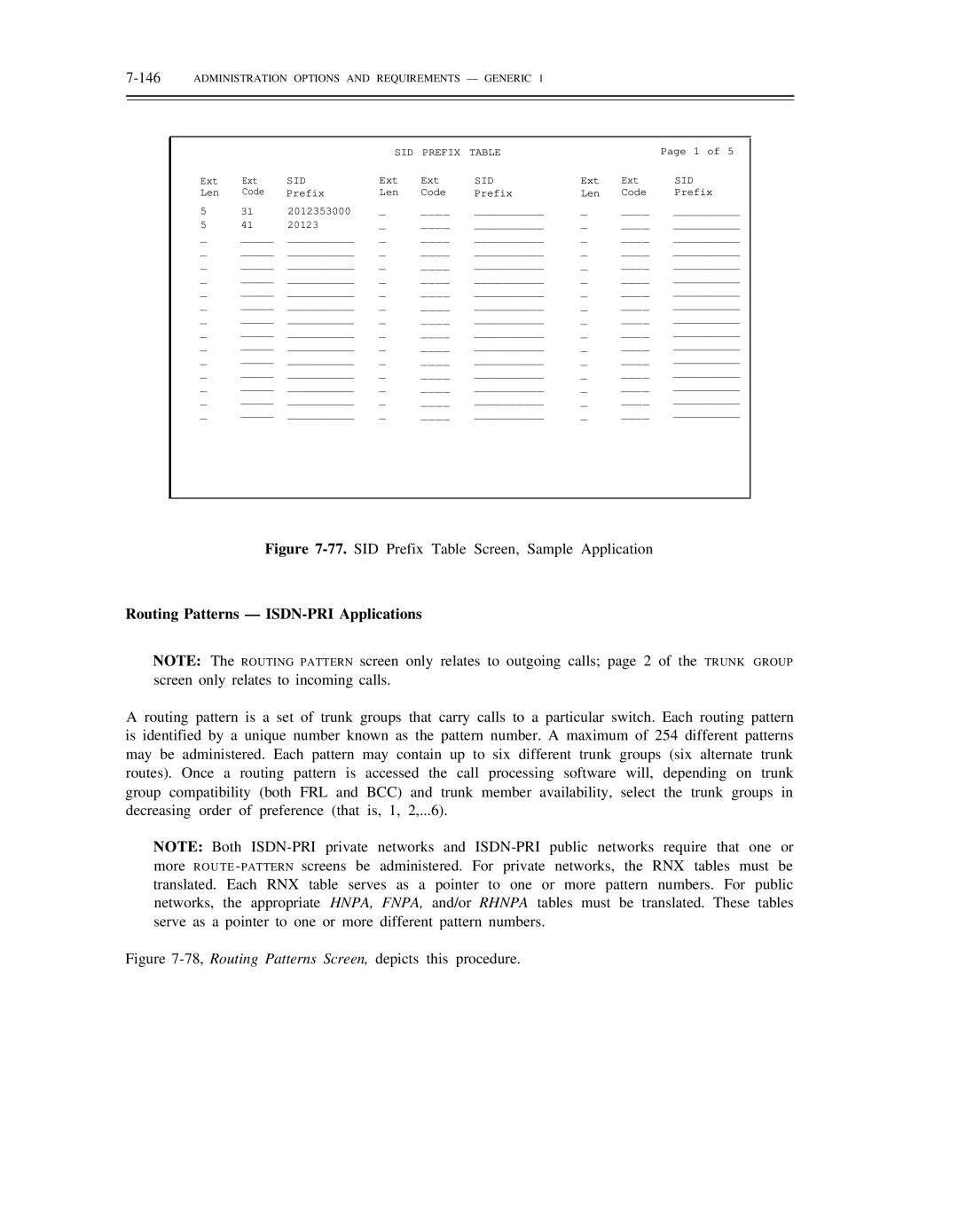 AT&T DS1/DMi/ISDN-PRI manual Routing Patterns ISDN-PRI Applications, 146ADMINISTRATION Options and Requirements Generic 