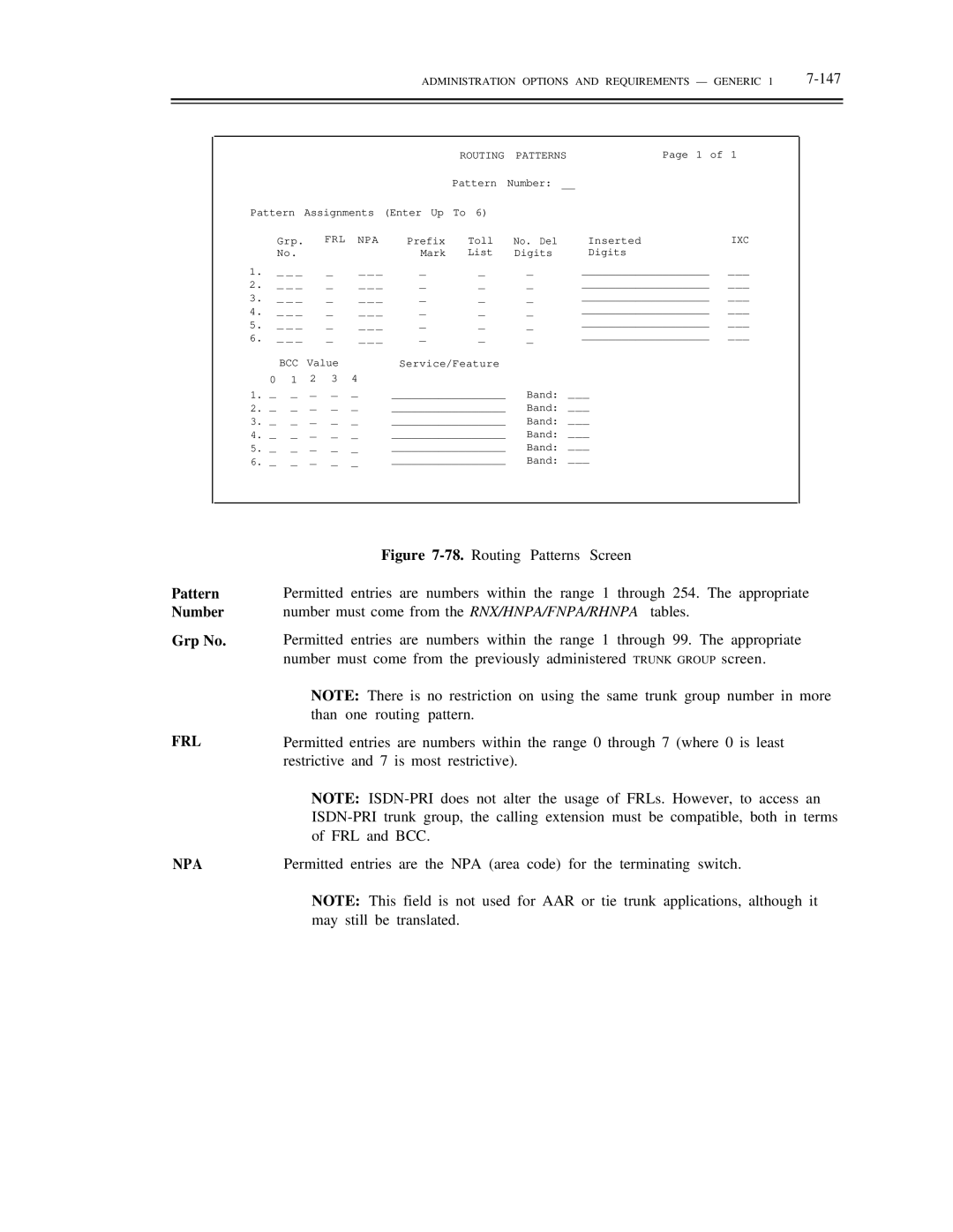 AT&T DS1/DMi/ISDN-PRI manual Pattern, Number, Grp No, Frl, Npa 