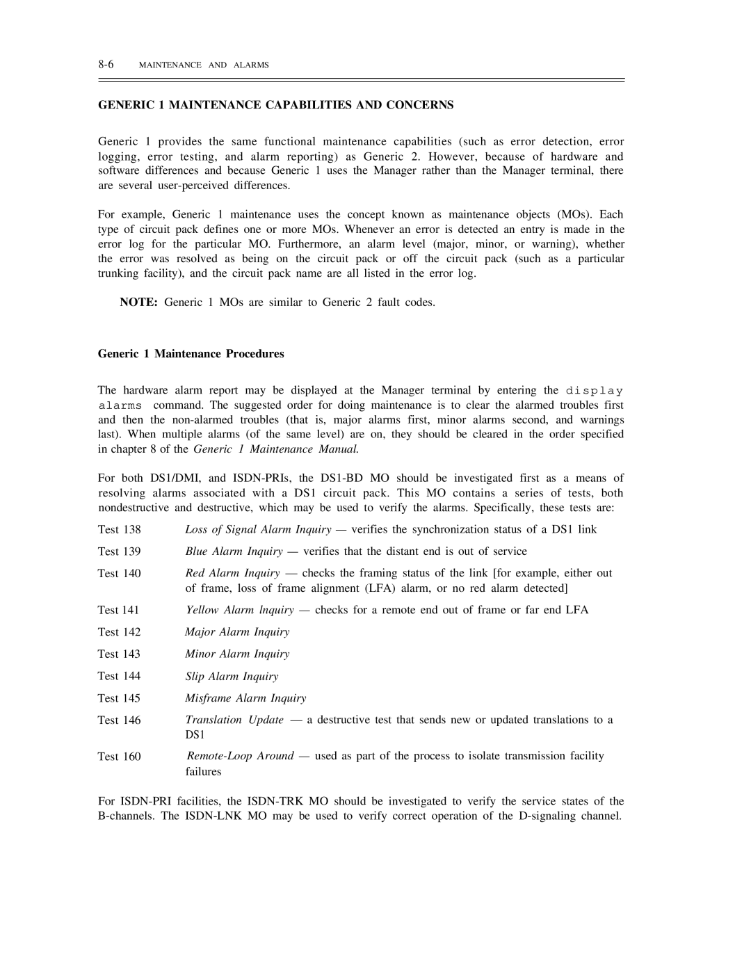 AT&T DS1/DMi/ISDN-PRI manual Generic 1 Maintenance Capabilities and Concerns, Generic 1 Maintenance Procedures 