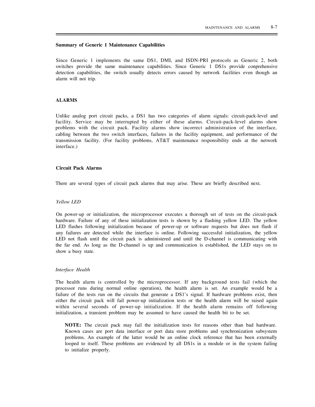 AT&T DS1/DMi/ISDN-PRI Summary of Generic 1 Maintenance Capabilities, Circuit Pack Alarms, Yellow LED, Interface Health 