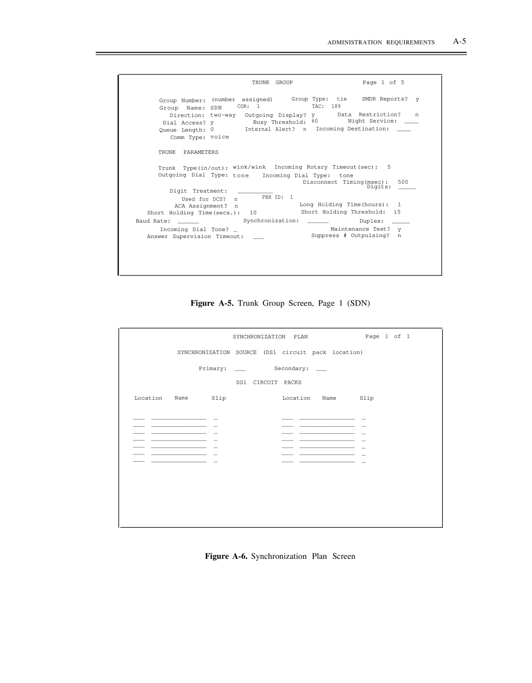 AT&T DS1/DMi/ISDN-PRI manual Figure A-5.Trunk Group Screen, Page 1 SDN, Dcs? Pbx Id 