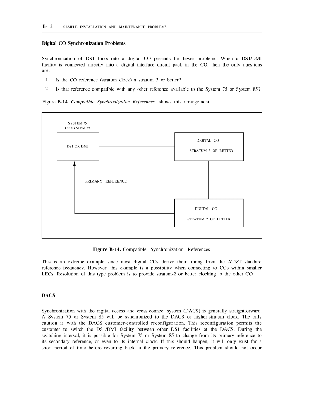 AT&T DS1/DMi/ISDN-PRI manual Digital CO Synchronization Problems, Dacs, 12SAMPLE Installation and Maintenance Problems 