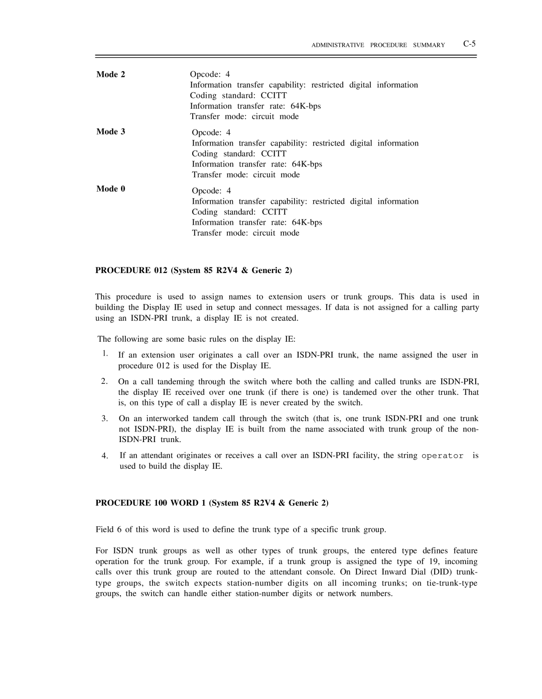 AT&T DS1/DMi/ISDN-PRI manual Procedure 012 System 85 R2V4 & Generic, Procedure 100 Word 1 System 85 R2V4 & Generic 