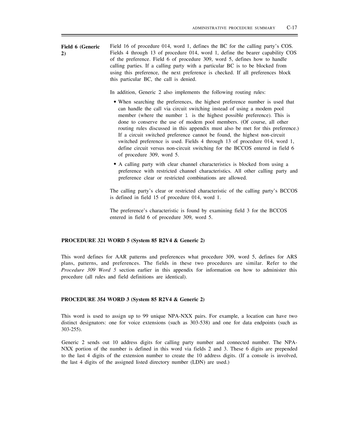 AT&T DS1/DMi/ISDN-PRI manual Field 6 Generic, Procedure 321 Word 5 System 85 R2V4 & Generic 