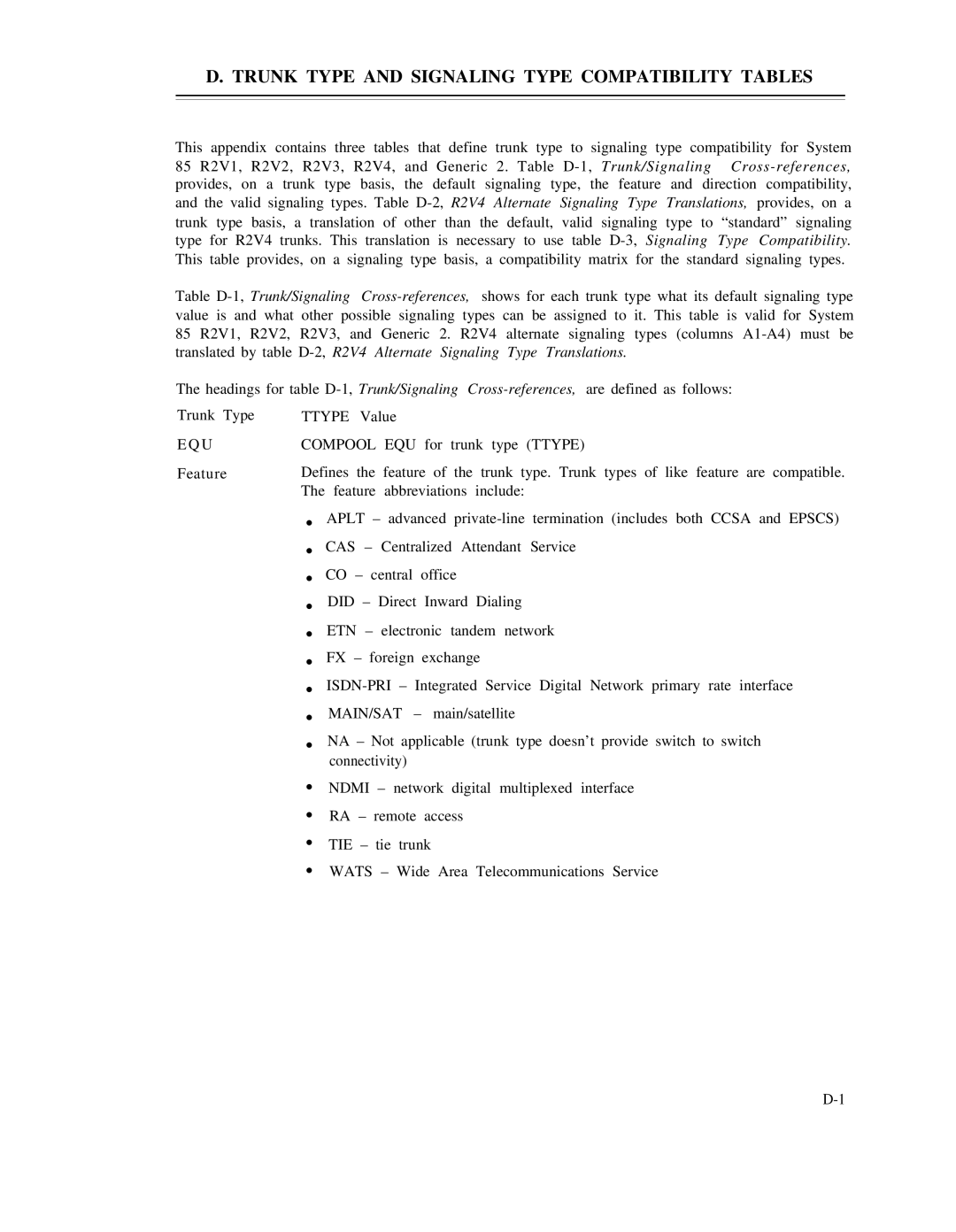 AT&T DS1/DMi/ISDN-PRI manual Trunk Type and Signaling Type Compatibility Tables, Trunk/Signaling Cross-references 