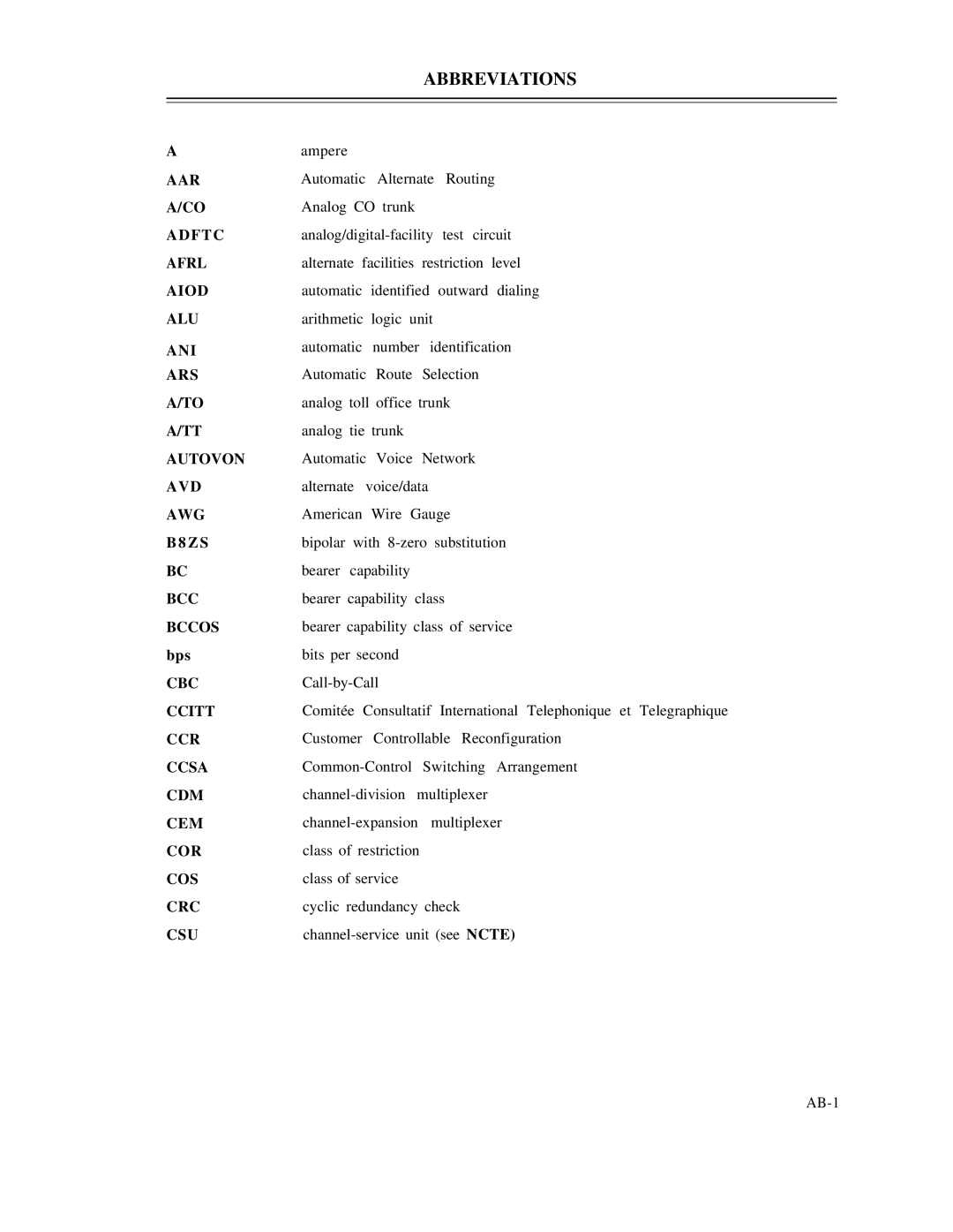 AT&T DS1/DMi/ISDN-PRI manual AAR F T C Afrl Aiod ALU ANI ARS Autovon AVD AWG, S BC BCC Bccos bps 