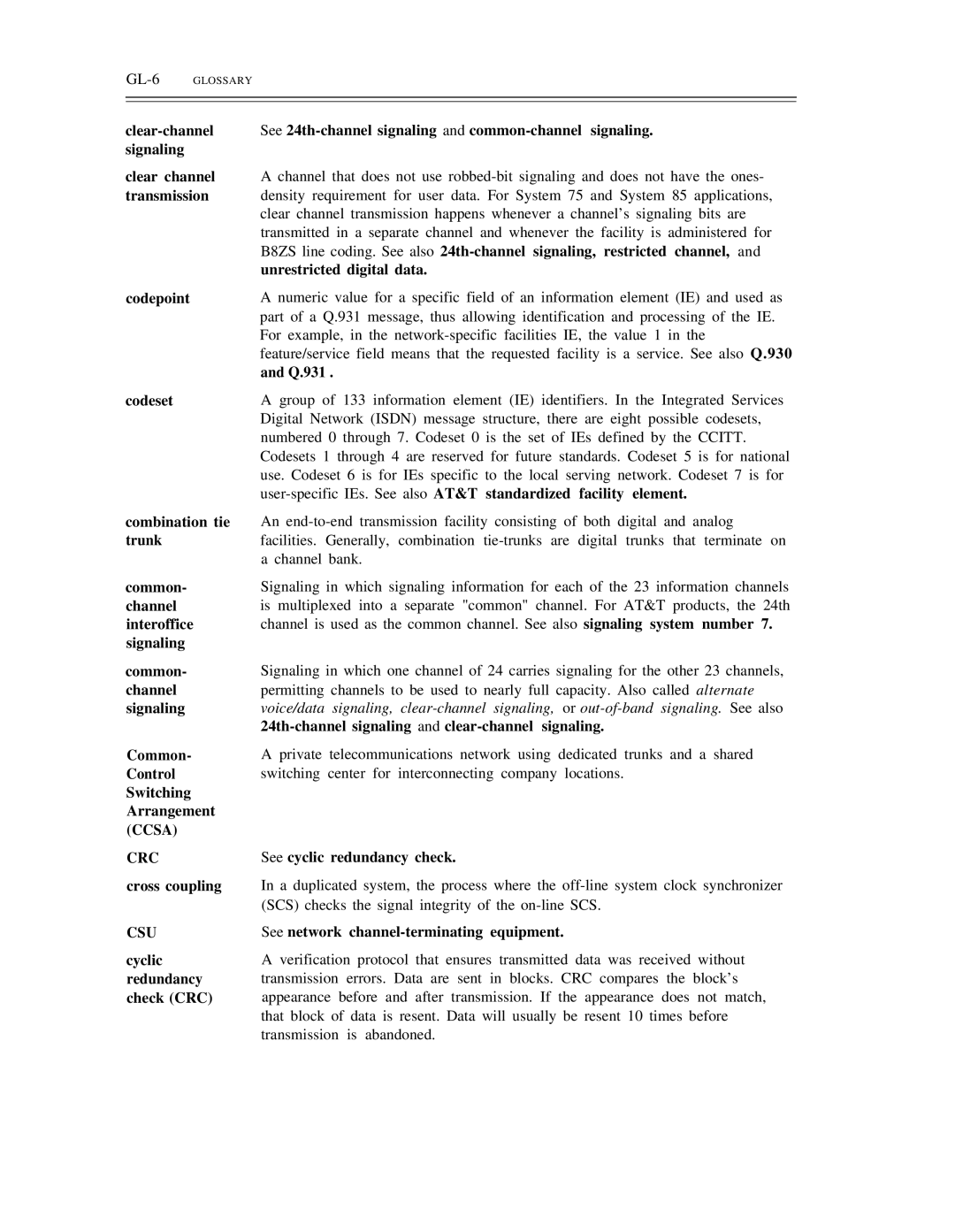 AT&T DS1/DMi/ISDN-PRI manual Cross coupling, Unrestricted digital data, Q.931, See cyclic redundancy check, GL-6GLOSSARY 