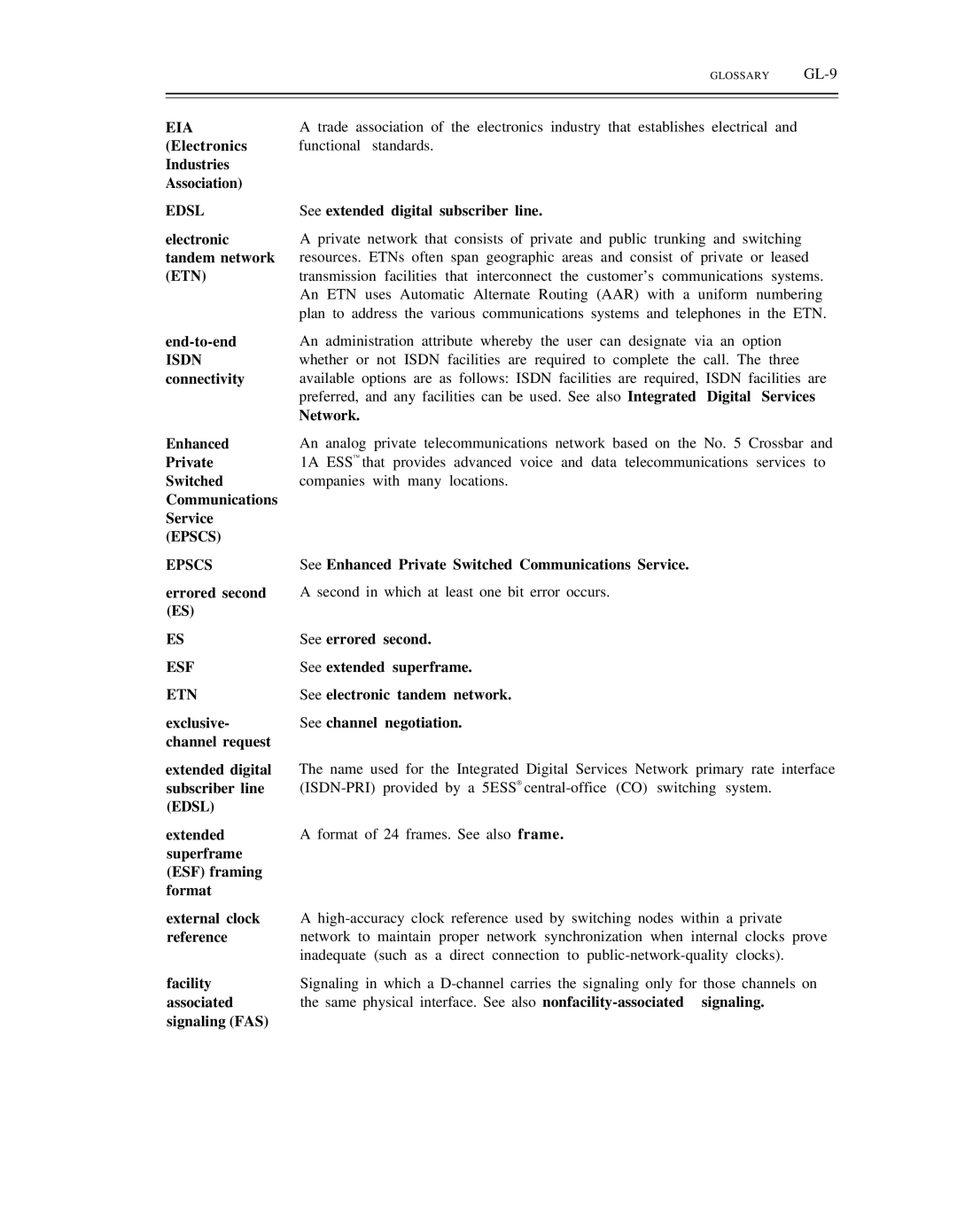 AT&T DS1/DMi/ISDN-PRI manual GL-9, Eia, Etn, Epscs, See extended superframe 