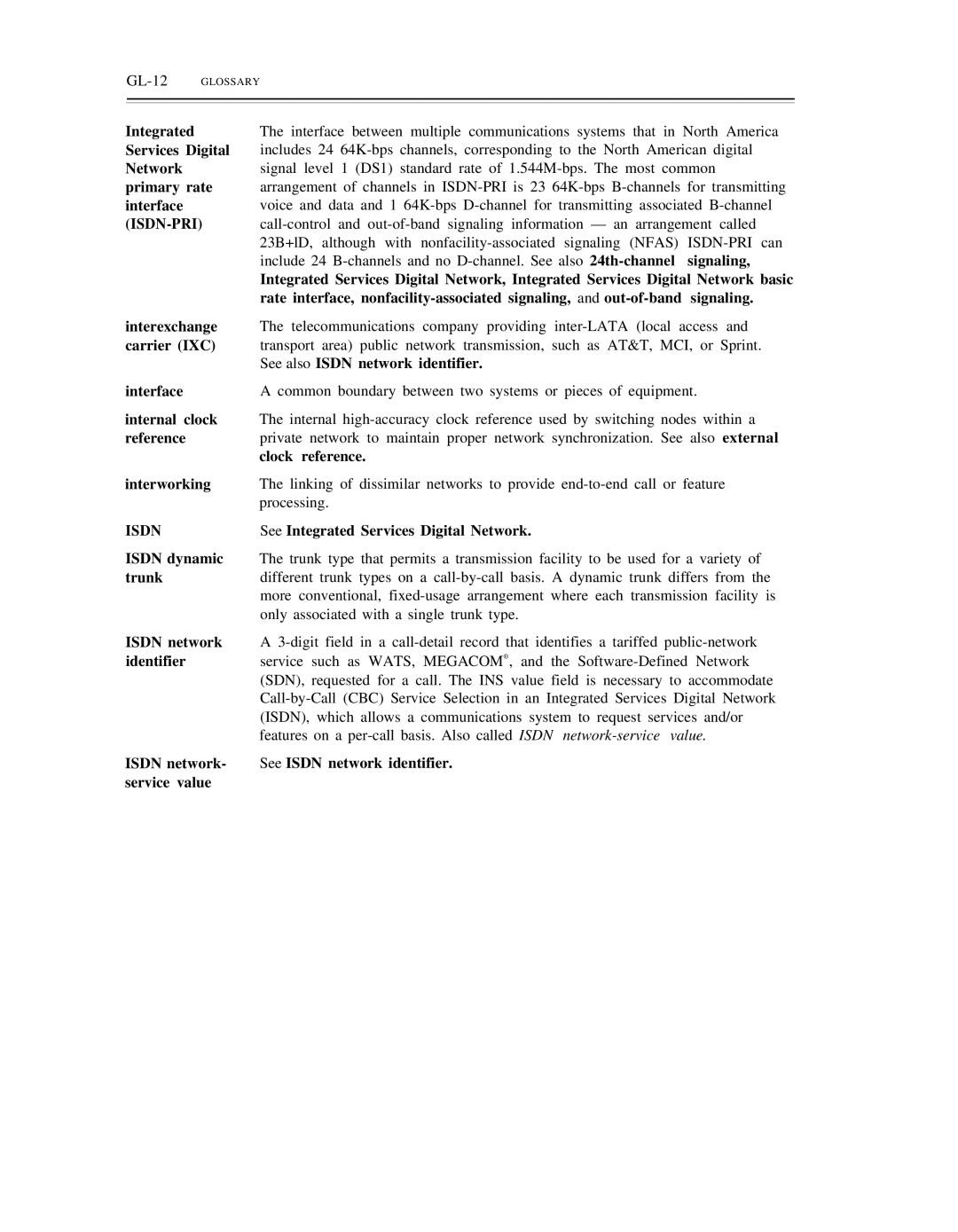 AT&T DS1/DMi/ISDN-PRI manual Clock reference, See Integrated Services Digital Network, GL-12GLOSSARY 