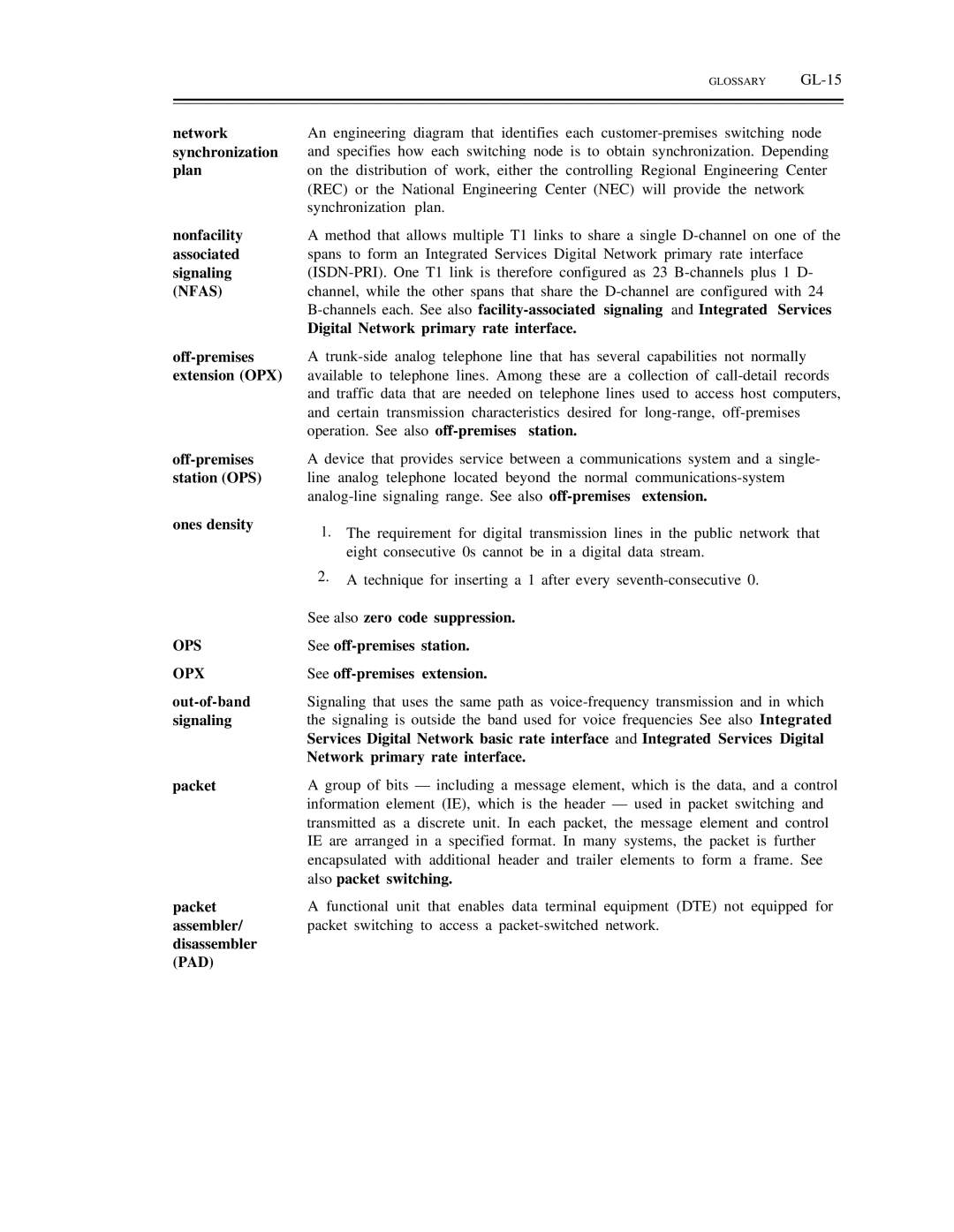 AT&T DS1/DMi/ISDN-PRI manual Ops Opx, Digital Network primary rate interface, Glossary GL-15 