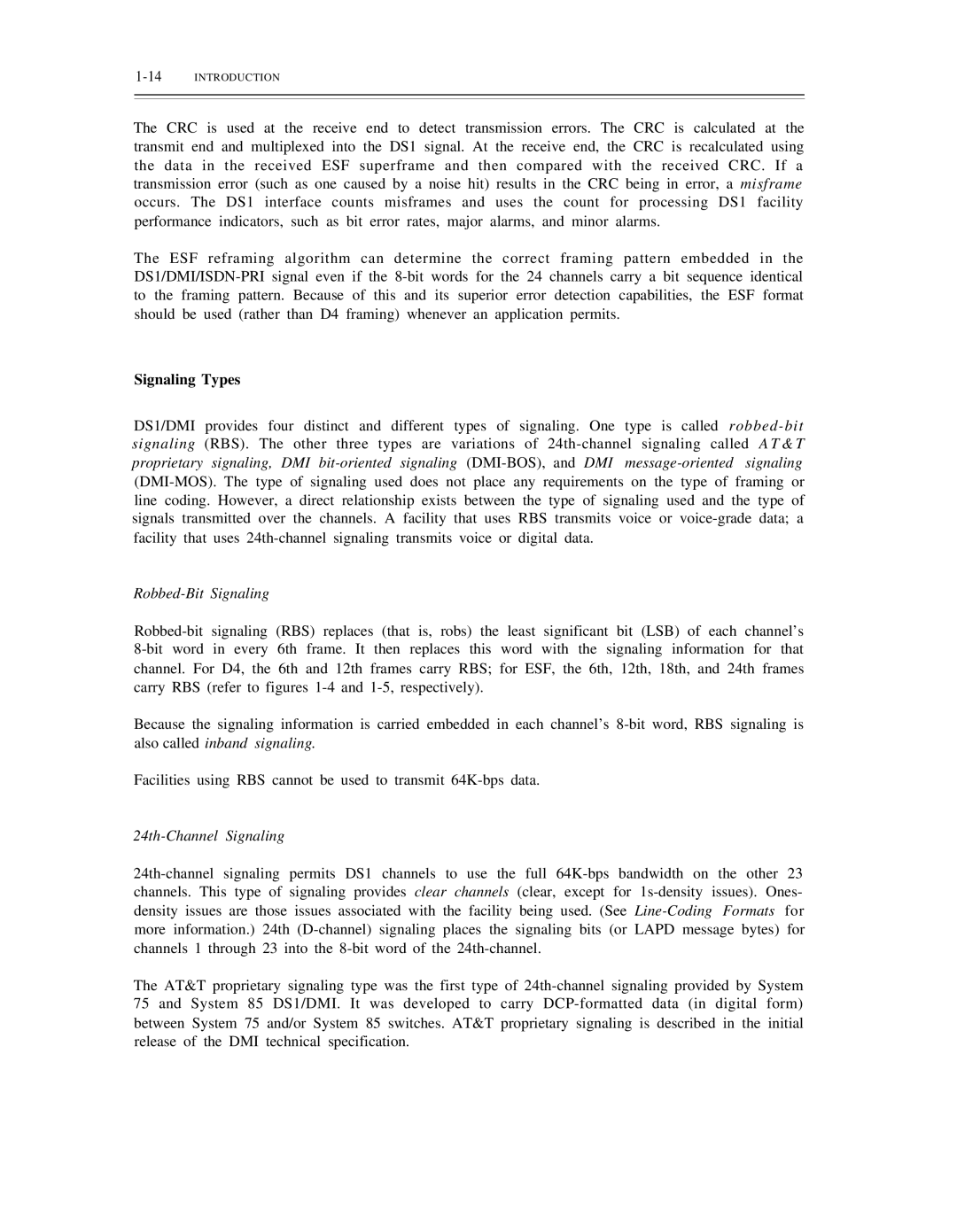 AT&T DS1/DMi/ISDN-PRI manual Signaling Types, Robbed-Bit Signaling, 24th-Channel Signaling, 14INTRODUCTION 