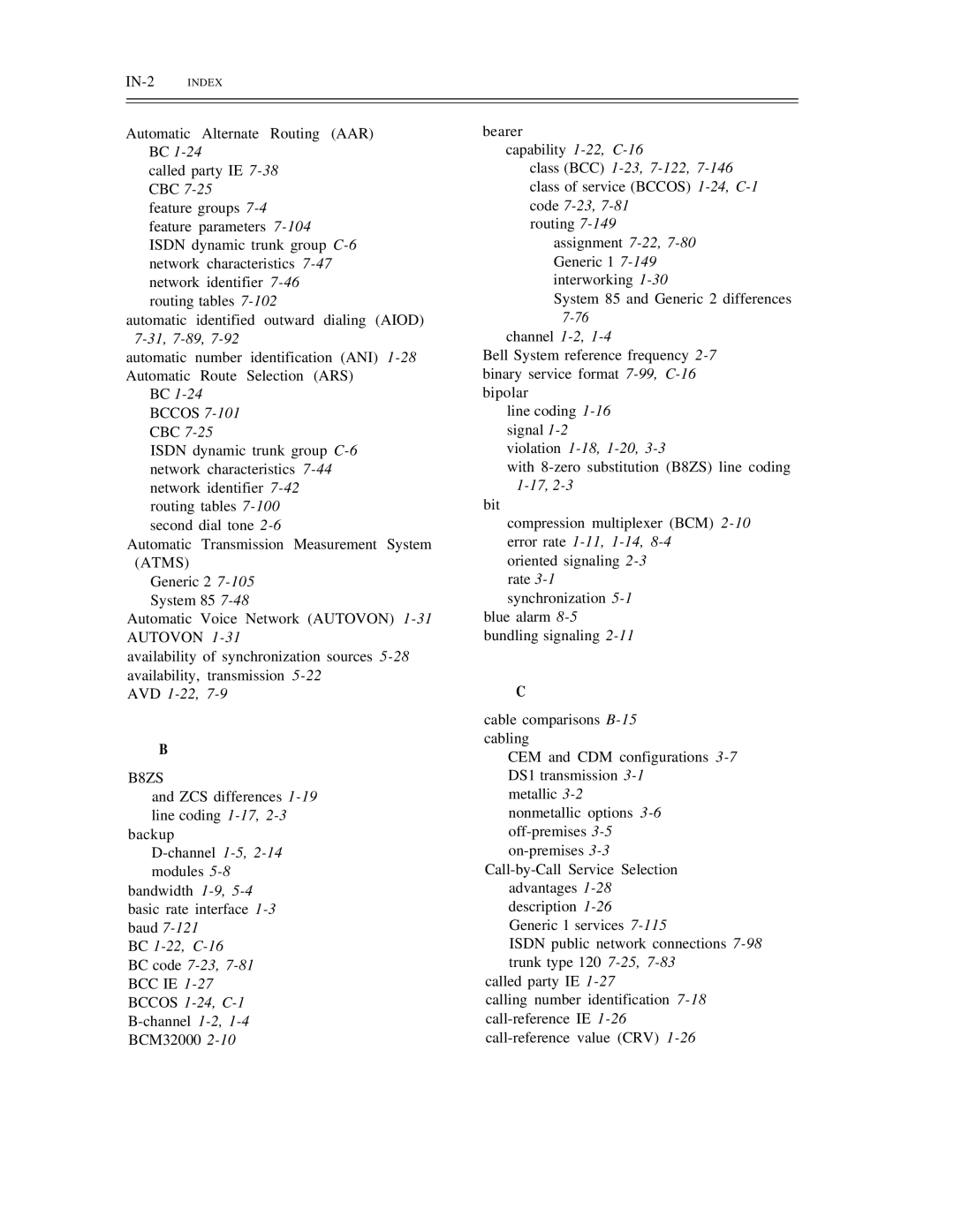 AT&T DS1/DMi/ISDN-PRI manual AVD 1-22,7-9, BC 1-22,C-16 BC code 7-23,7-81, Bccos 1-24,C-1, Violation 1-18,1-20,3-3 